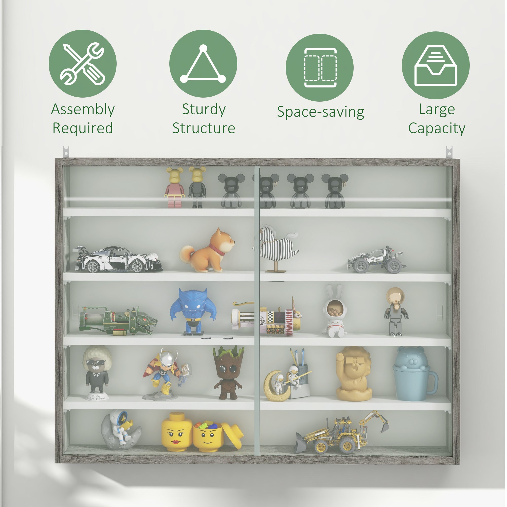 HOMCOM 5-Tier Wall Display Shelf Unit Cabinet w/ 4 Adjustable Shelves Glass Doors Home Office Ornaments 60x80cm Grey Wood Grain - North Peak Garden Furniture