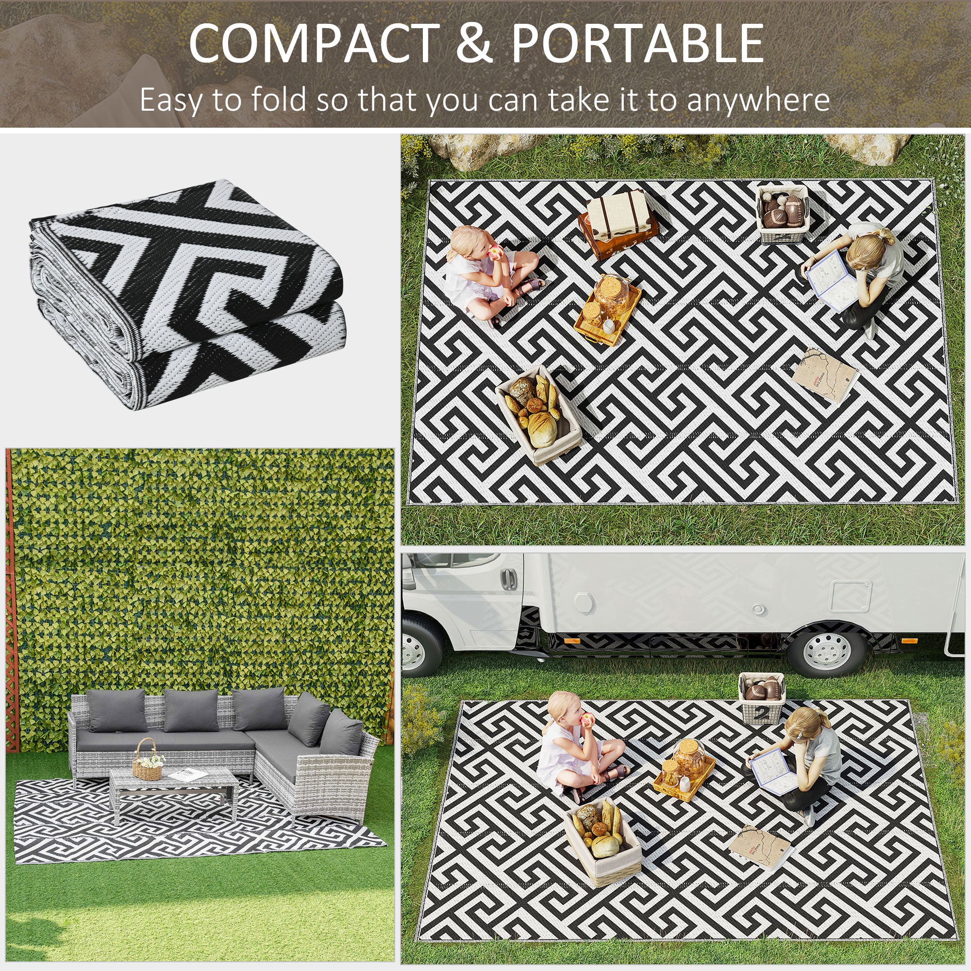 Outsunny 182 x 274 cm(6x9ft) Outdoor Rug Reversible Mat Plastic Straw Rug Portable RV Camping Mat for Garden Deck Picnic Indoor, Black & White - North Peak Garden Furniture