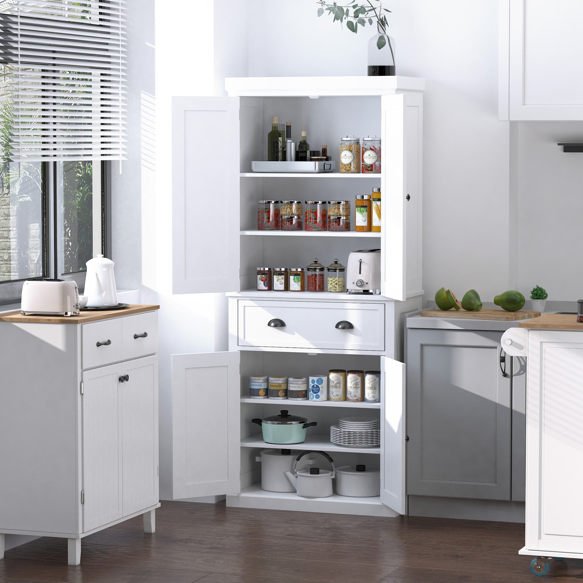 HOMCOM Freestanding Kitchen Cupboard, 184cm Tall Storage Cabinet with Doors and Shelves, Traditional Colonial 4-Door Kitchen Pantry Cupboard with Drawer, White - North Peak Garden Furniture