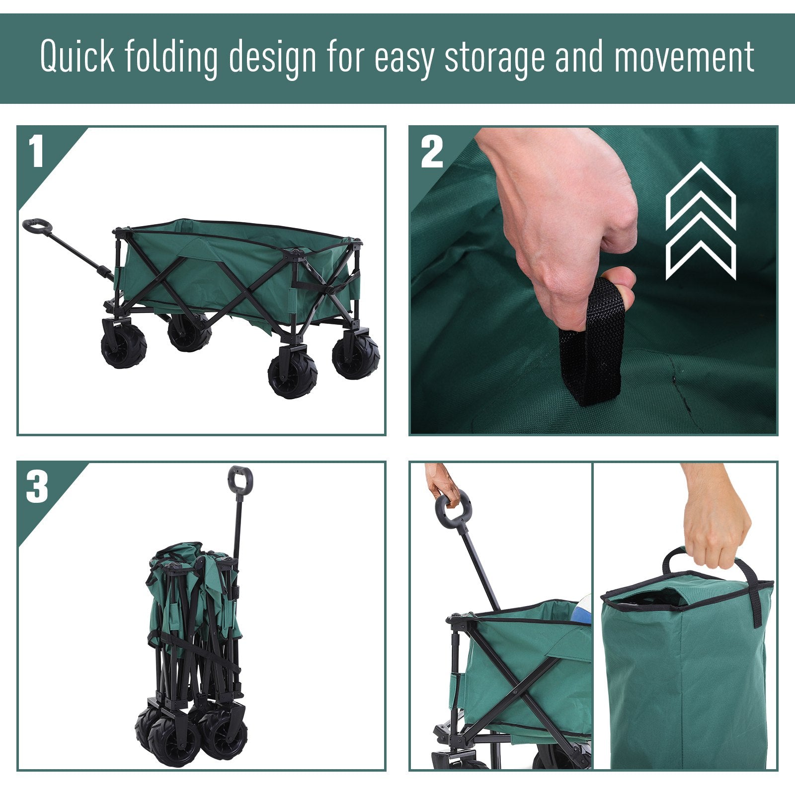 Outsunny Outdoor Folding Garden Trolley on Wheels, Pull Along Camping Cart, Cargo Wagon Trailer with Telescopic Handle, Big Wheels for Beach Garden, Green - North Peak Garden Furniture