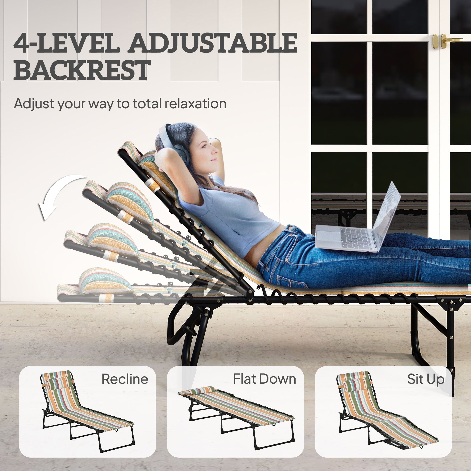 Outsunny Folding Sun Lounger Beach Chaise Chair Garden Reclining Cot Camping Recliner with 4 Position Adjustable Multicolored