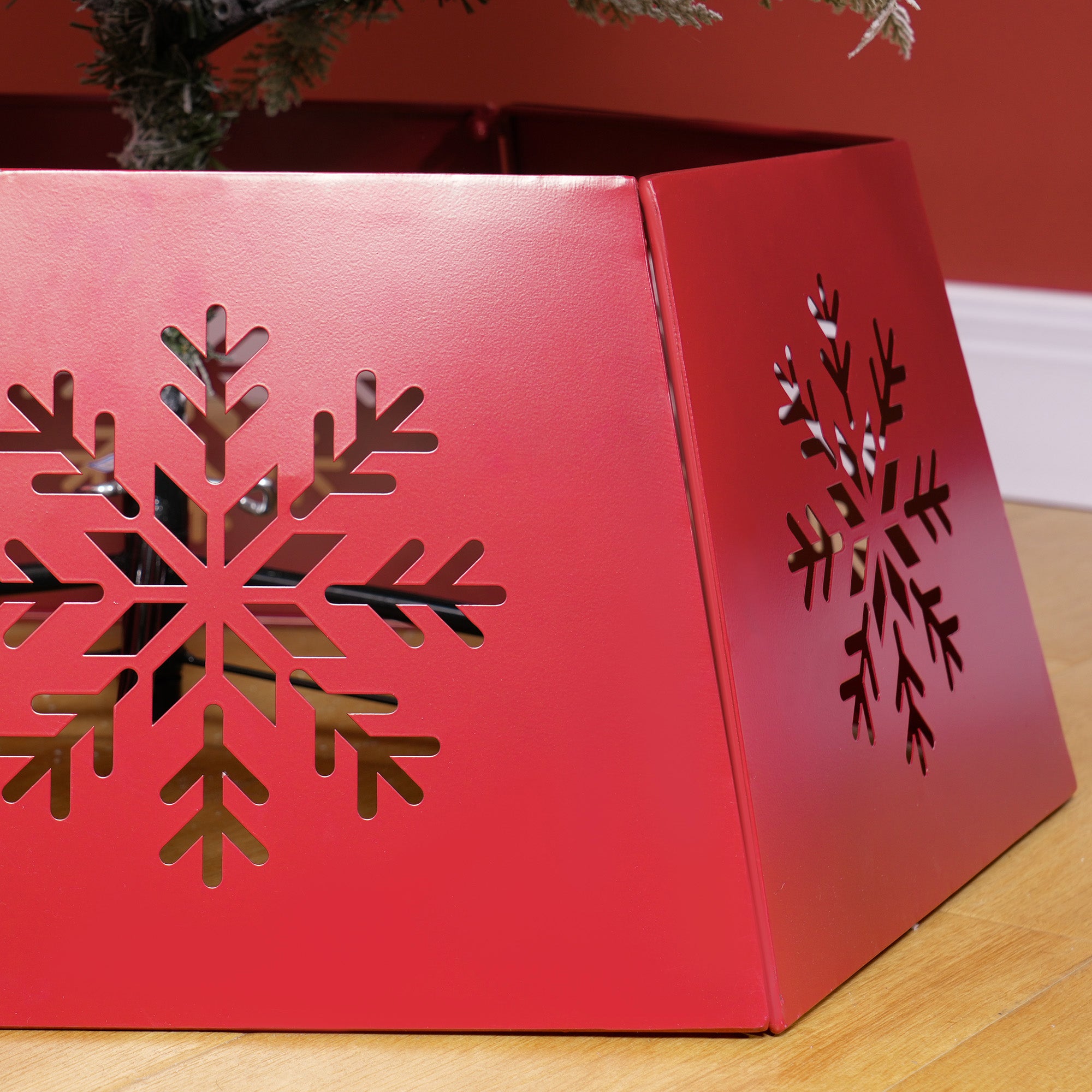 HOMCOM Christmas Tree Collar, Hexagon Christmas Tree Base Cover with Hollow Snowflake Patterns, Xmas Decoration for Party, Holiday, Home, Red - North Peak Garden Furniture