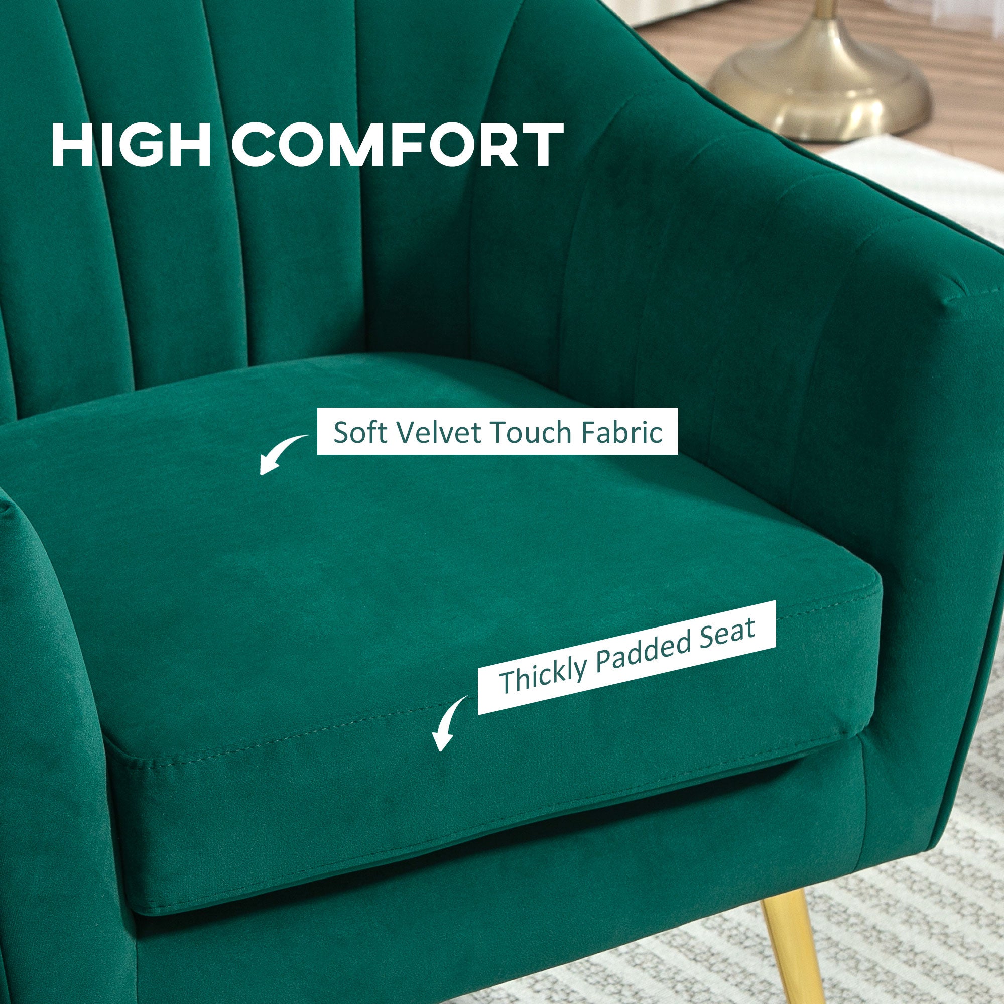 HOMCOM Velvet Tub chair, Luxury Accent Chair with Golden Metal Leg, Comfy Upholstered Armchair with Thick Padded Seat for Living Room, Green - North Peak Garden Furniture