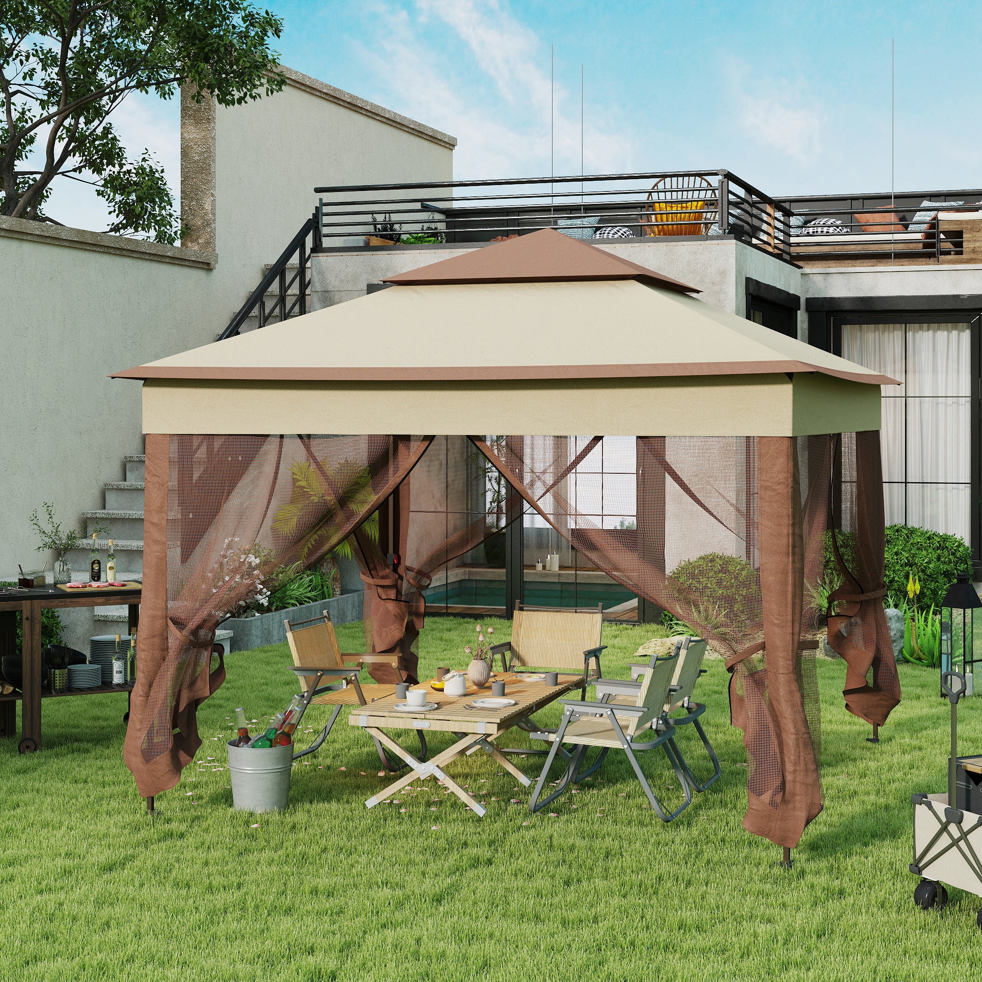 Outsunny 3 x 3(m) Pop Up Gazebo, Double-roof Garden Tent with Netting and Carry Bag, Party Event Shelter for Outdoor Patio, Khaki - North Peak Garden Furniture