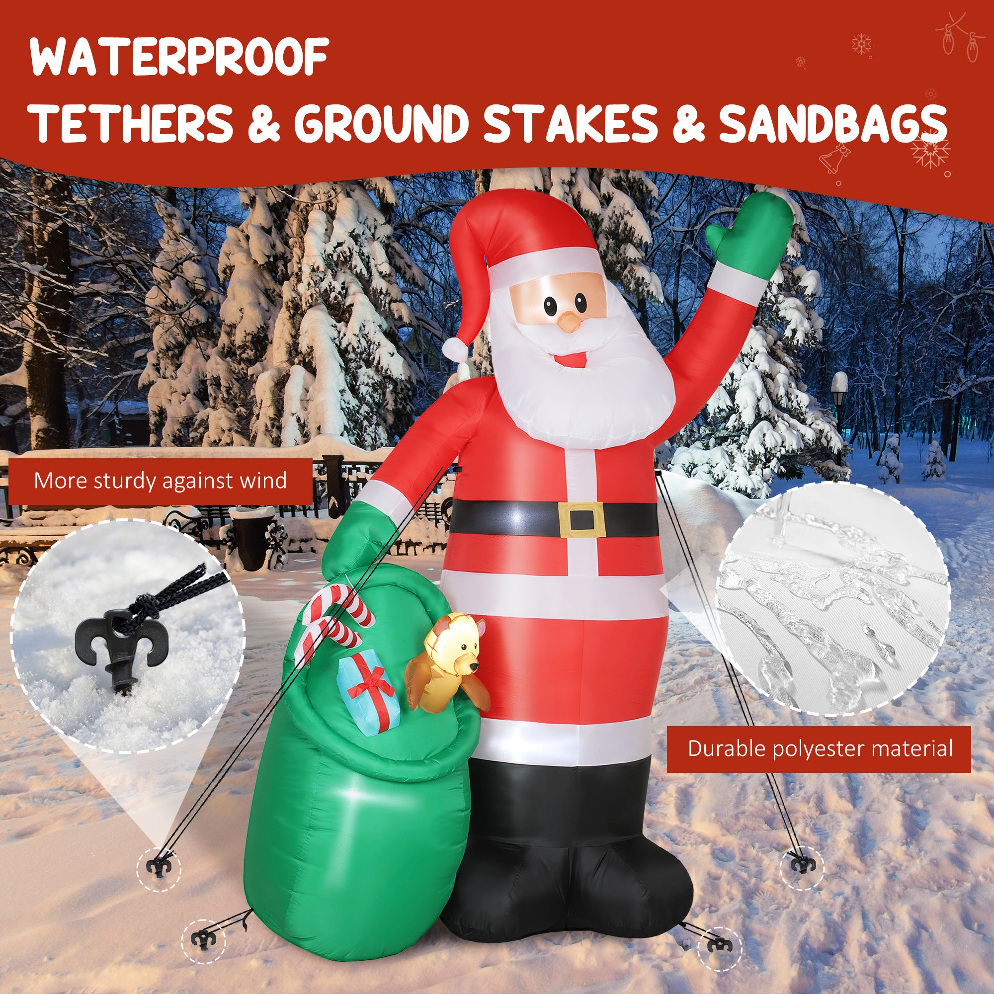 Outsunny 9ft/275 cm Christmas Inflatable Santa with Bear Sack, Giant Christmas Blow Up Decoration with Built-in LED Lights for Garden, Indoor Outdoor Home Decor