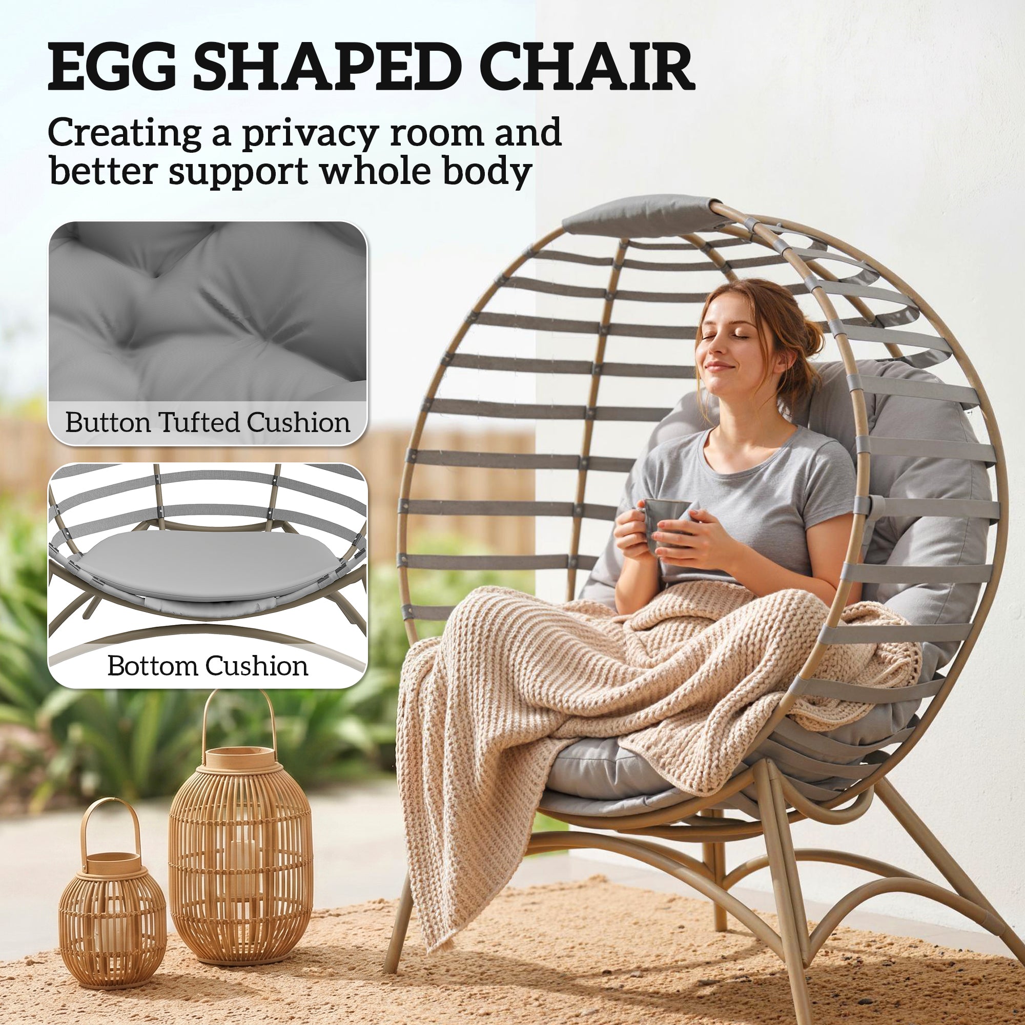 Outsunny Egg Chair with Cushion & Side Pocket - Light Grey