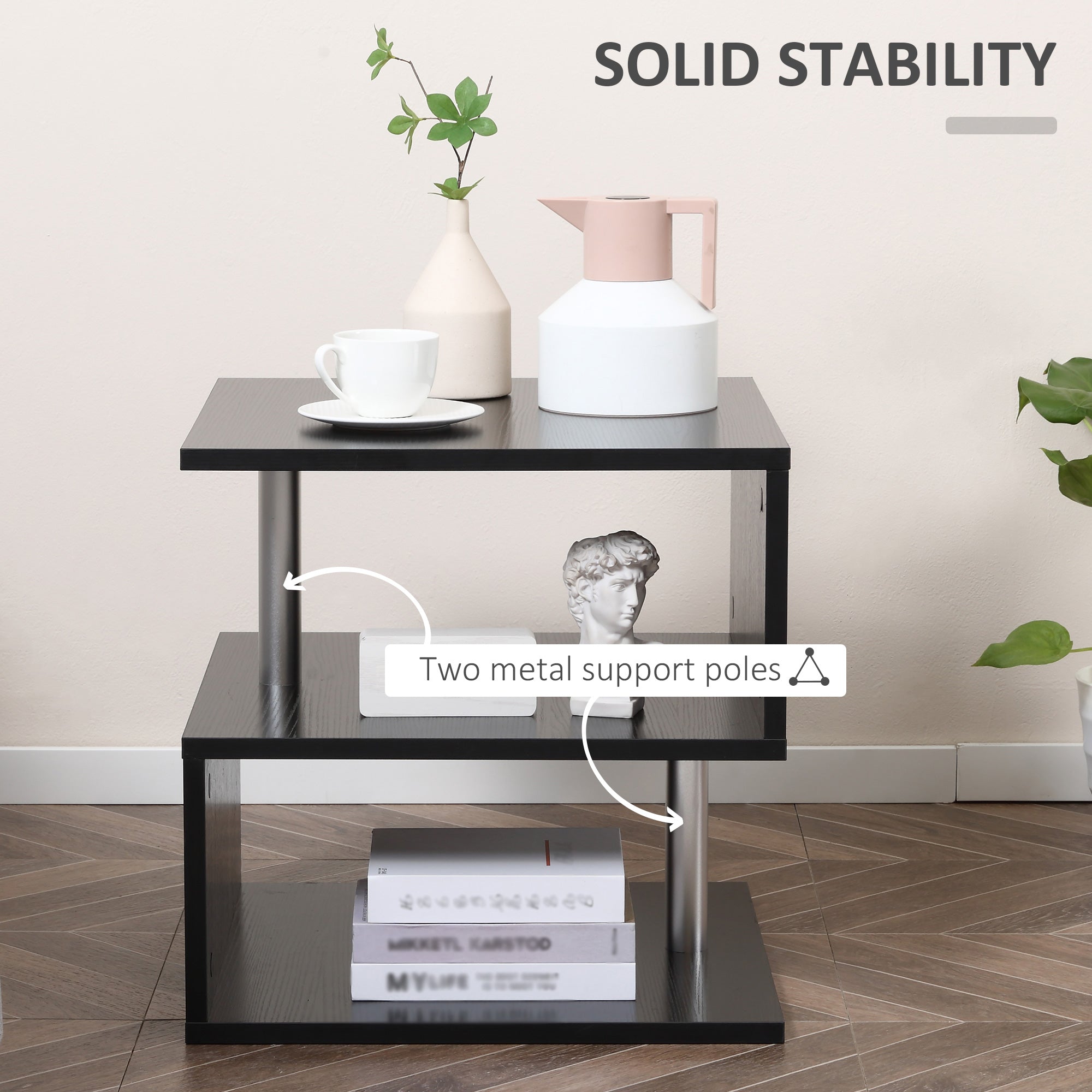 HOMCOM Wooden S Shape Cube Coffee Table 2 Tier Storage Shelves Organizer Office Bookcase Living Room End Desk Stand Display (Black) - North Peak Garden Furniture