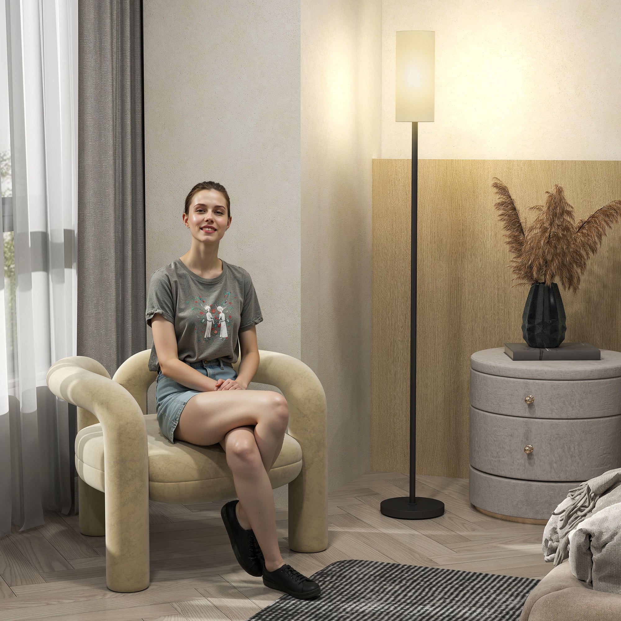 HOMCOM Floor Lamp for Living Room, Modern Standing Lamp with Linen Shade & Foot Switch, Minimalist Tall Pole Lampshade for Bedroom, Office, White - North Peak Garden Furniture