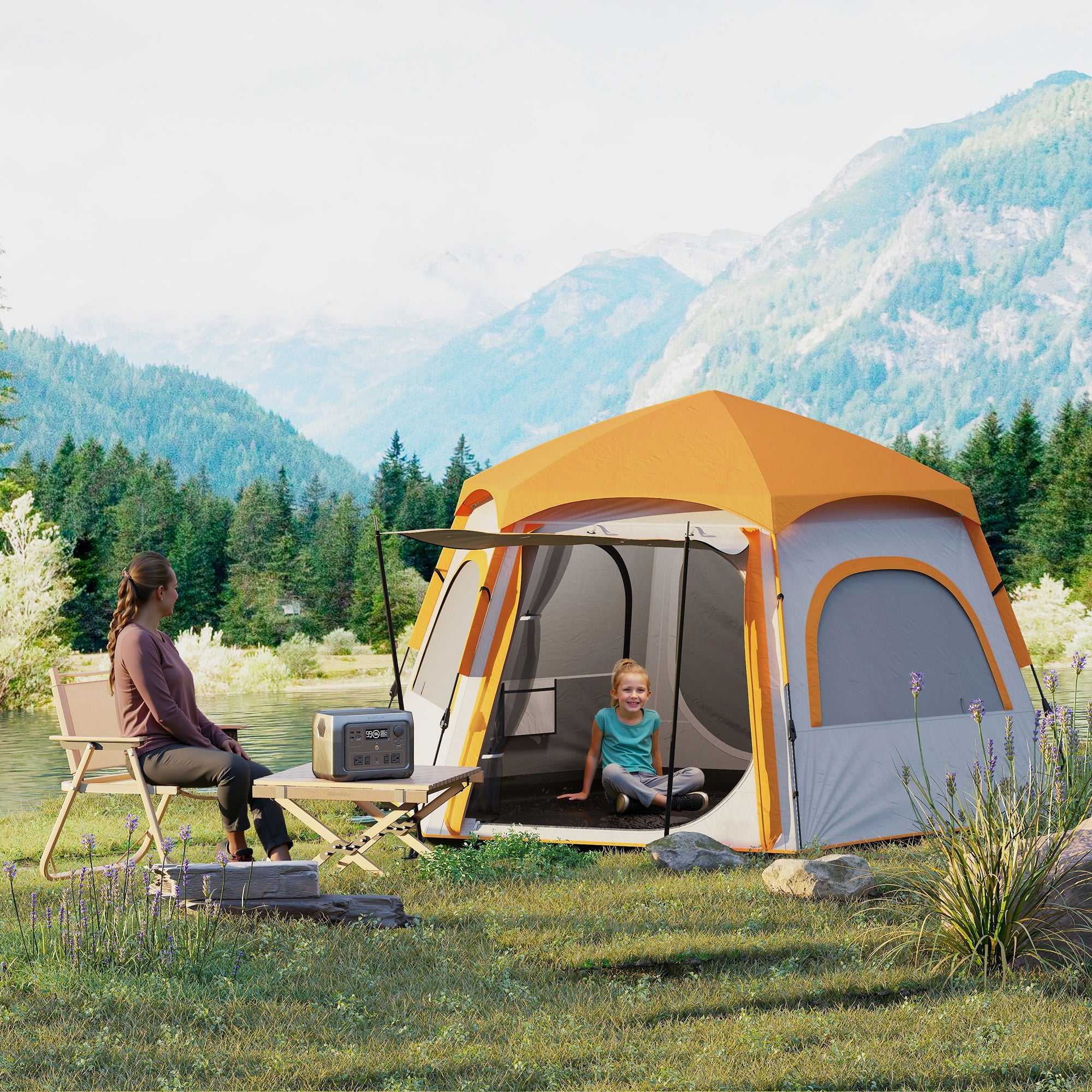 Outsunny Instant Camping Tent, 2/3/4 Person Easy Setup Family Tent with Vestibule, Rainfly, 4 Mesh Windows & 2 Doors, Hexagonal Design, Waterproof UV Protected Dome Tent, Light Grey