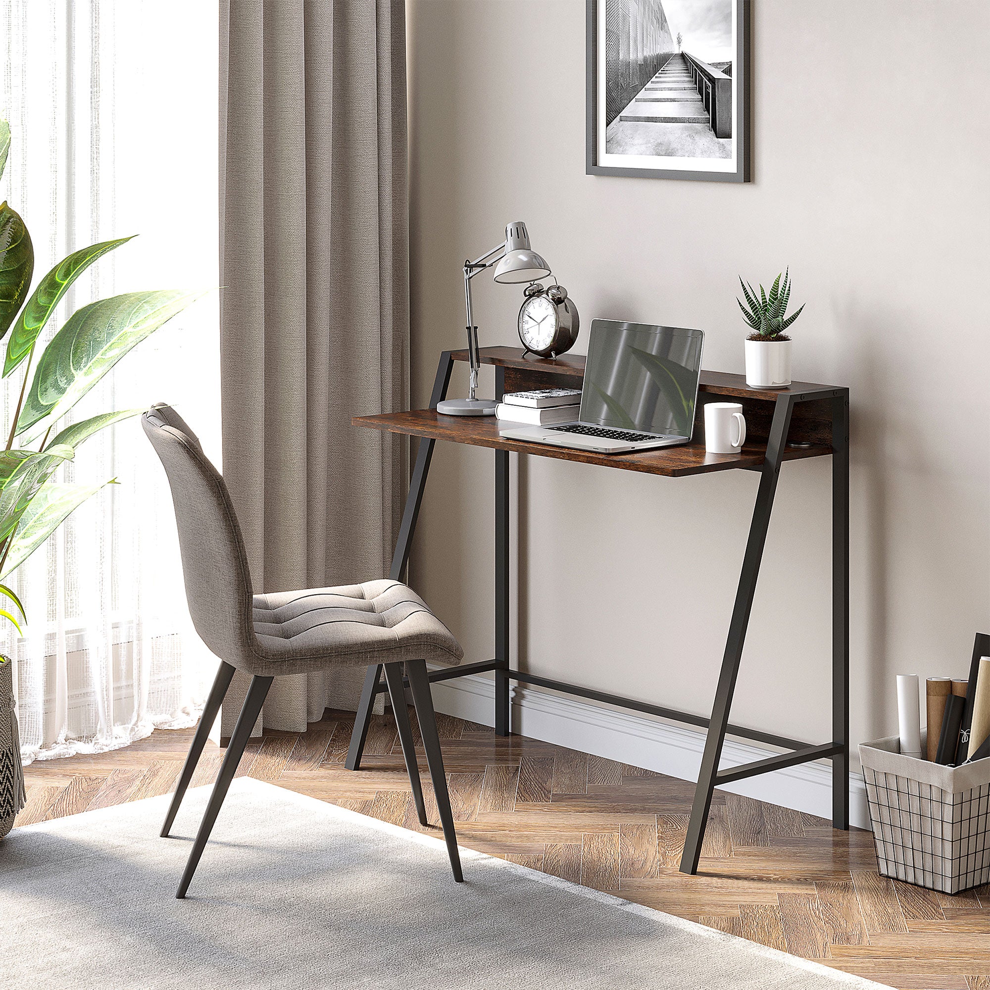 HOMCOM Writing Desk Computer Table Home Office PC Laptop Workstation Storage Shelf 100L x 45W cm Rustic Brown - North Peak Garden Furniture
