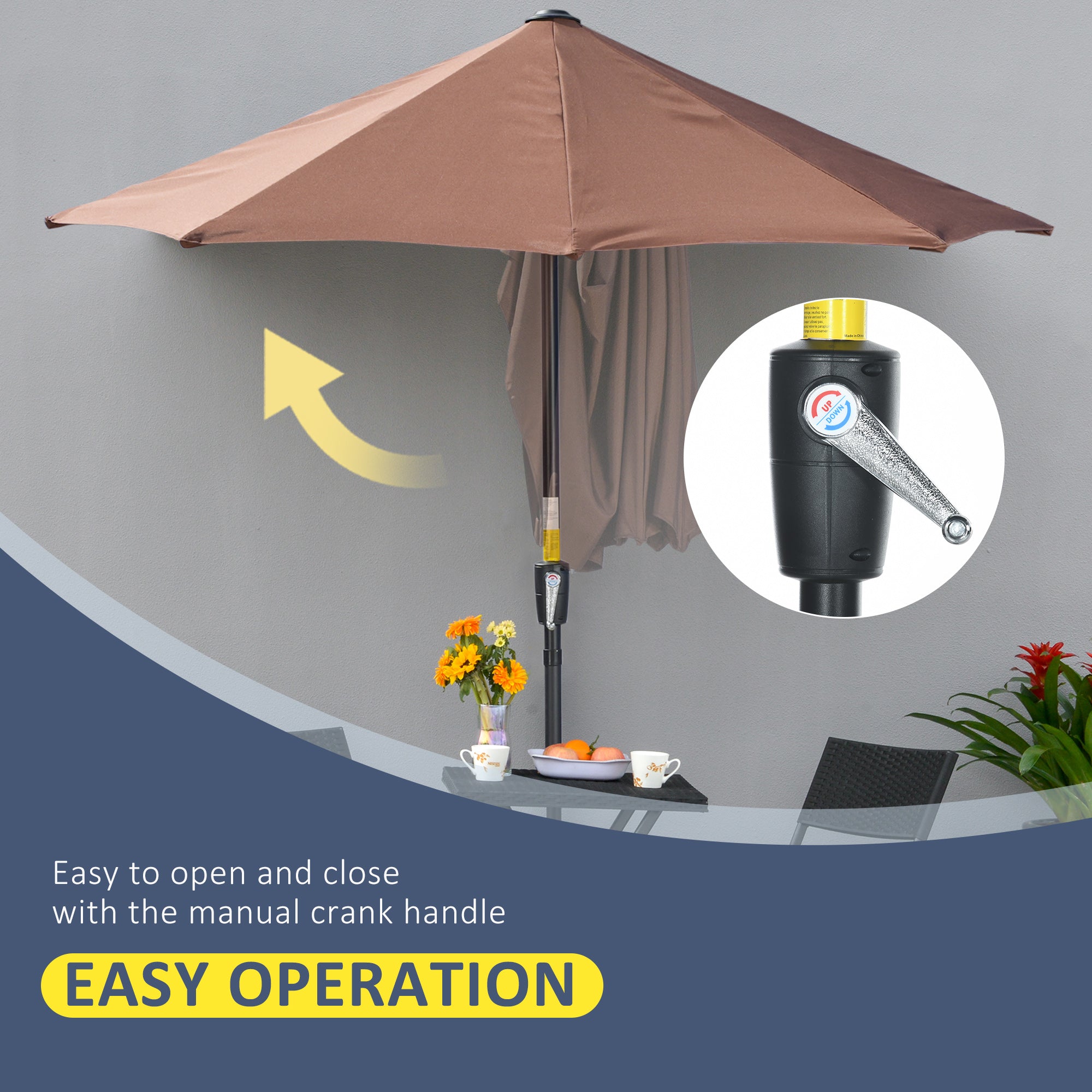 Outsunny 2m Half Parasol Market Umbrella Garden Balcony Parasol with Crank Handle, Base, Double-Sided Canopy, Coffee - North Peak Garden Furniture