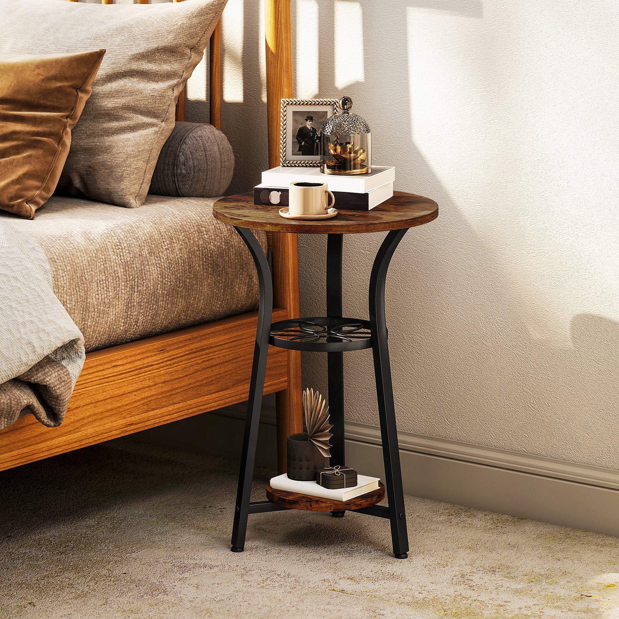 HOMCOM Small Round Side Table with 3 Storage Shelves - Rustic Brown - North Peak Garden Furniture