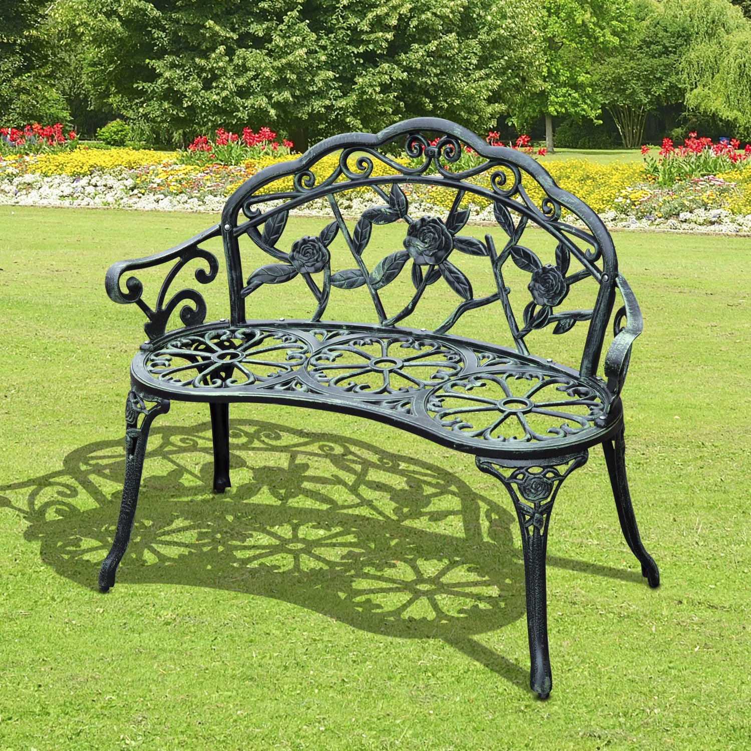 Outsunny Cast Aluminium Outdoor Garden Patio Antique Rose Style Bench Porch Park Chair Seater - Green