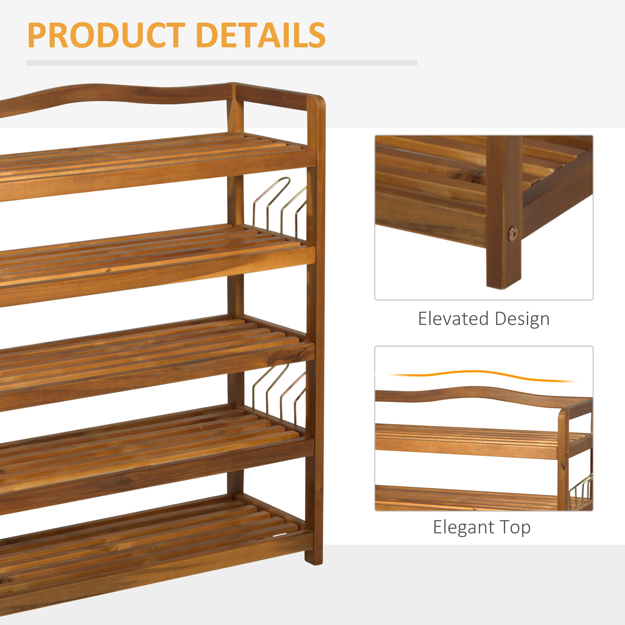 HOMCOM 5-Tier Shoe Rack, Acacia Wooden Shoe Storage Organiser with Hangers, Holds up to 24 Pairs, for Entryway, Living Room, 64 x 26 x 82 cm, Teak - North Peak Garden Furniture
