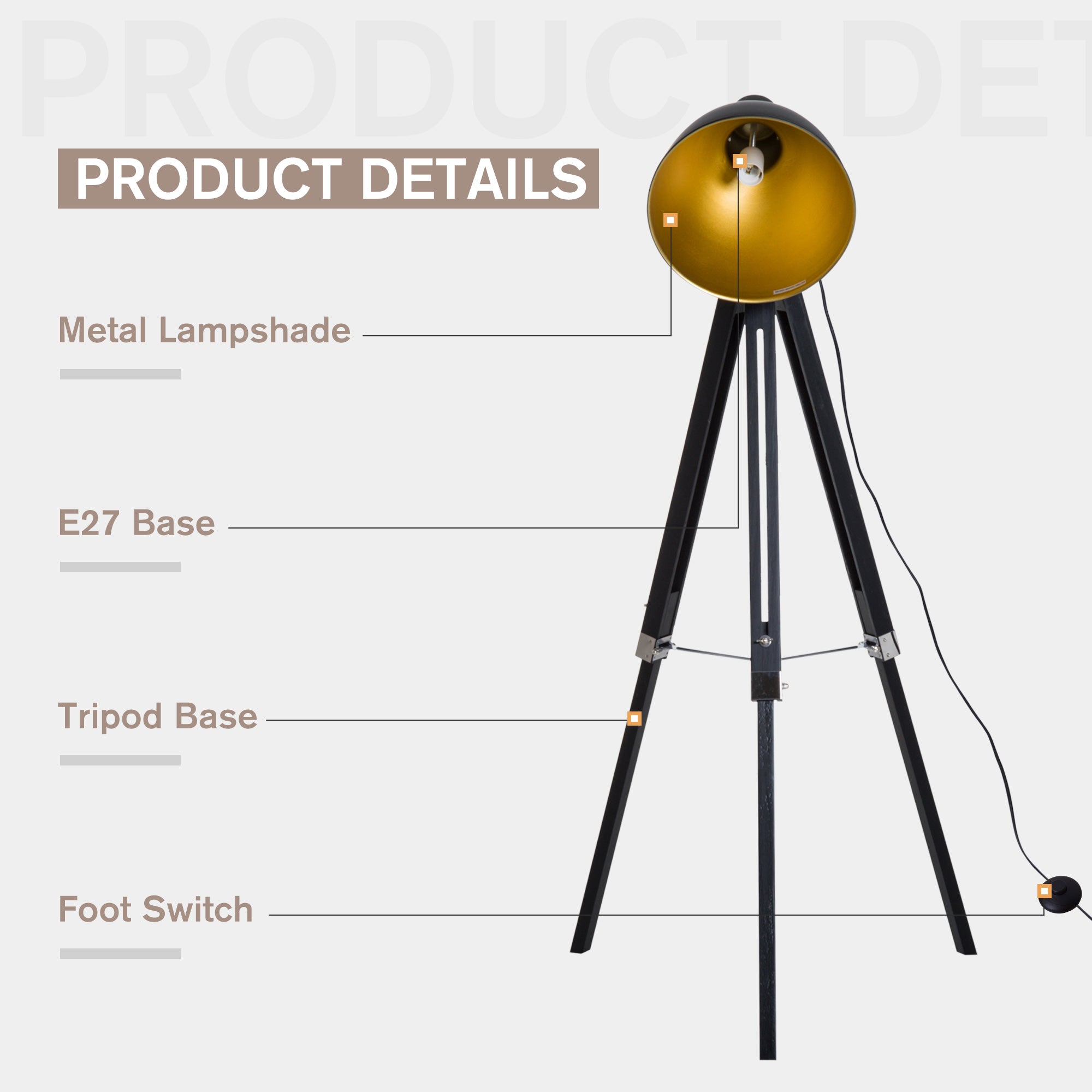 HOMCOM Tripod Floor Lamp, Spotlight Reading Lamp w/ Adjustable Height, Angle, Wood Legs for Living Room, Bedroom, Home, Office, Black and Gold - North Peak Garden Furniture