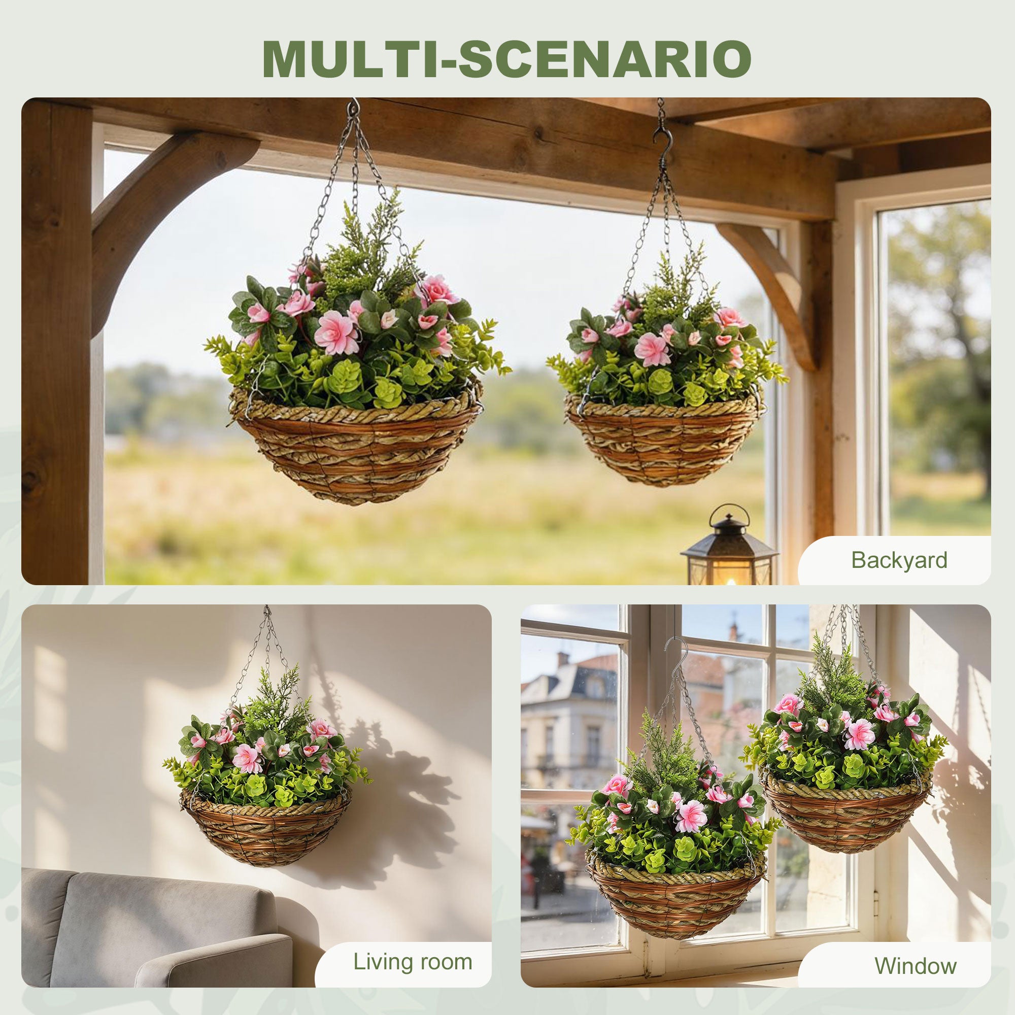 Outsunny Pack of 2 Faux Plant Artificial Lisianthus Flowers Hanging Planter with Basket for Indoor Outdoor Decoration, Pink