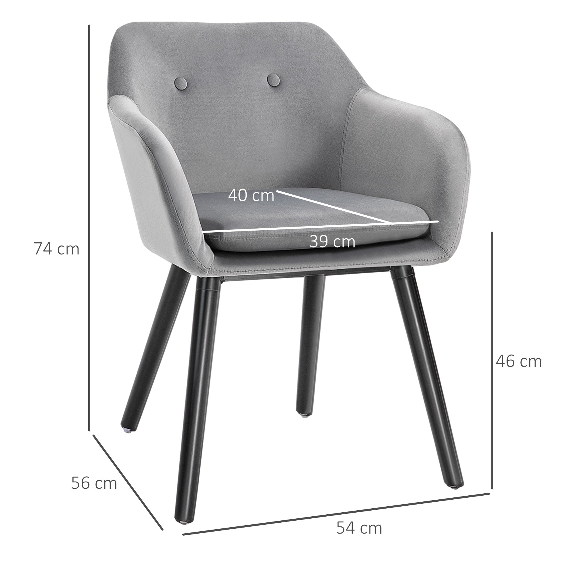 HOMCOM Dining Chairs Set of 2 Modern Upholstered Fabric Velvet-Touch Leisure Chairs with Backrest and Armrests, Lounge Reception Chairs for Home Office Kitchen Counter, Grey - North Peak Garden Furniture