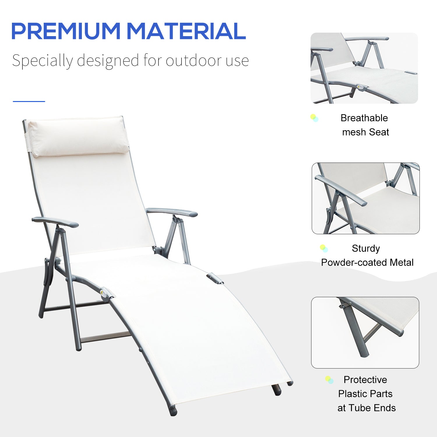 Outsunny Sun Lounger Steel Frame Outdoor Folding Chaise Texteline Lounge Chair Recliner with Headrest & 7 Levels Adjustable Backrest, Cream White - North Peak Garden Furniture