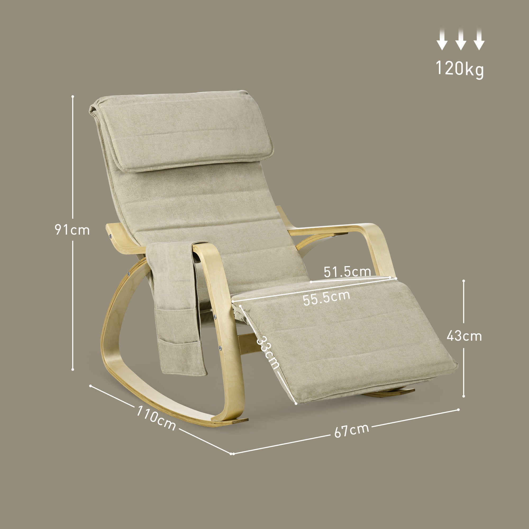 HOMCOM Rocking Lounge Chair Recliner Relaxation Lounging Relaxing Seat with Adjustable Footrest, Side Pocket and Pillow, Khaki - North Peak Garden Furniture