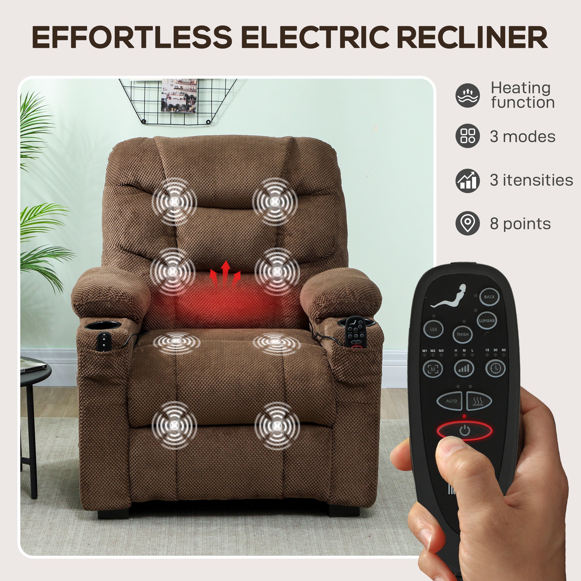 HOMCOM Electric Massage Recliner Armchair with Vibration, Heat, Whisper-Quiet Motor, Memory Function, Fleece Power Reclining Chair with Spring Pack, USB Port, Footrest, Side Pocket, Cup Holders, Brown