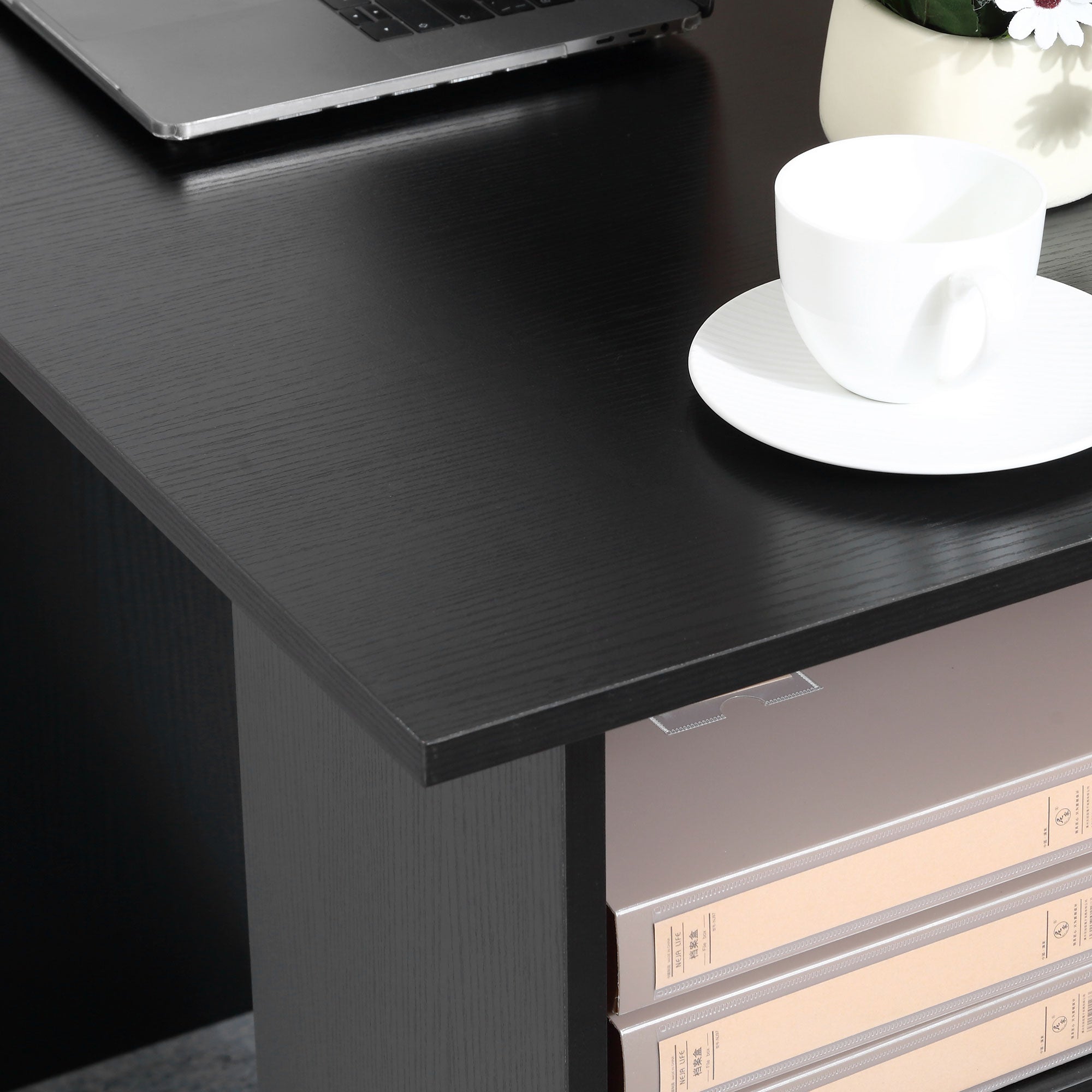 HOMCOM Computer Desk, Writing Table, PC Workstation with 3 Storage Shelves and Drawers, Black Handle, for Home Office, Black - North Peak Garden Furniture