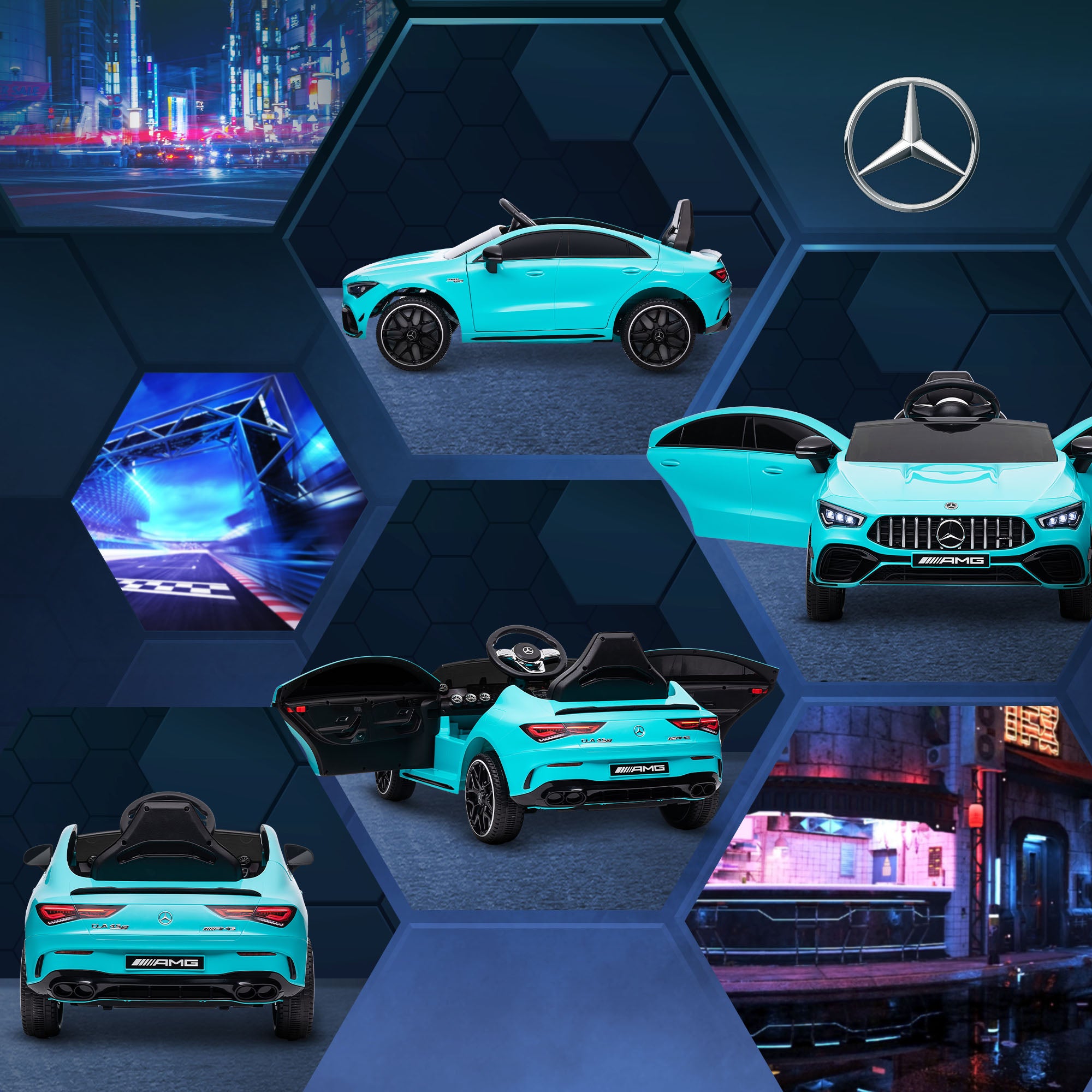 AIYAPLAY Mercedes-AMG CLA 45 Licensed 12V Kids Electric Car Ride on Car w/ Remote, Suspension Lights Music Horn - Light Blue - North Peak Garden Furniture