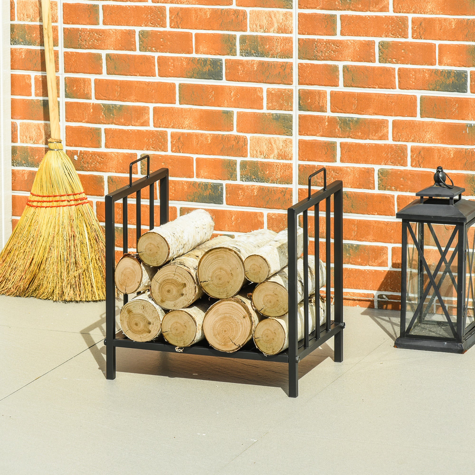 Outsunny Metal Firewood Log Holder Indoor Outdoor Firewood Rack Fireplace Wood Storage Shelf w/ Handles, Rust-Resistant, Black, 39L x 32.5W x 46Hcm - North Peak Garden Furniture