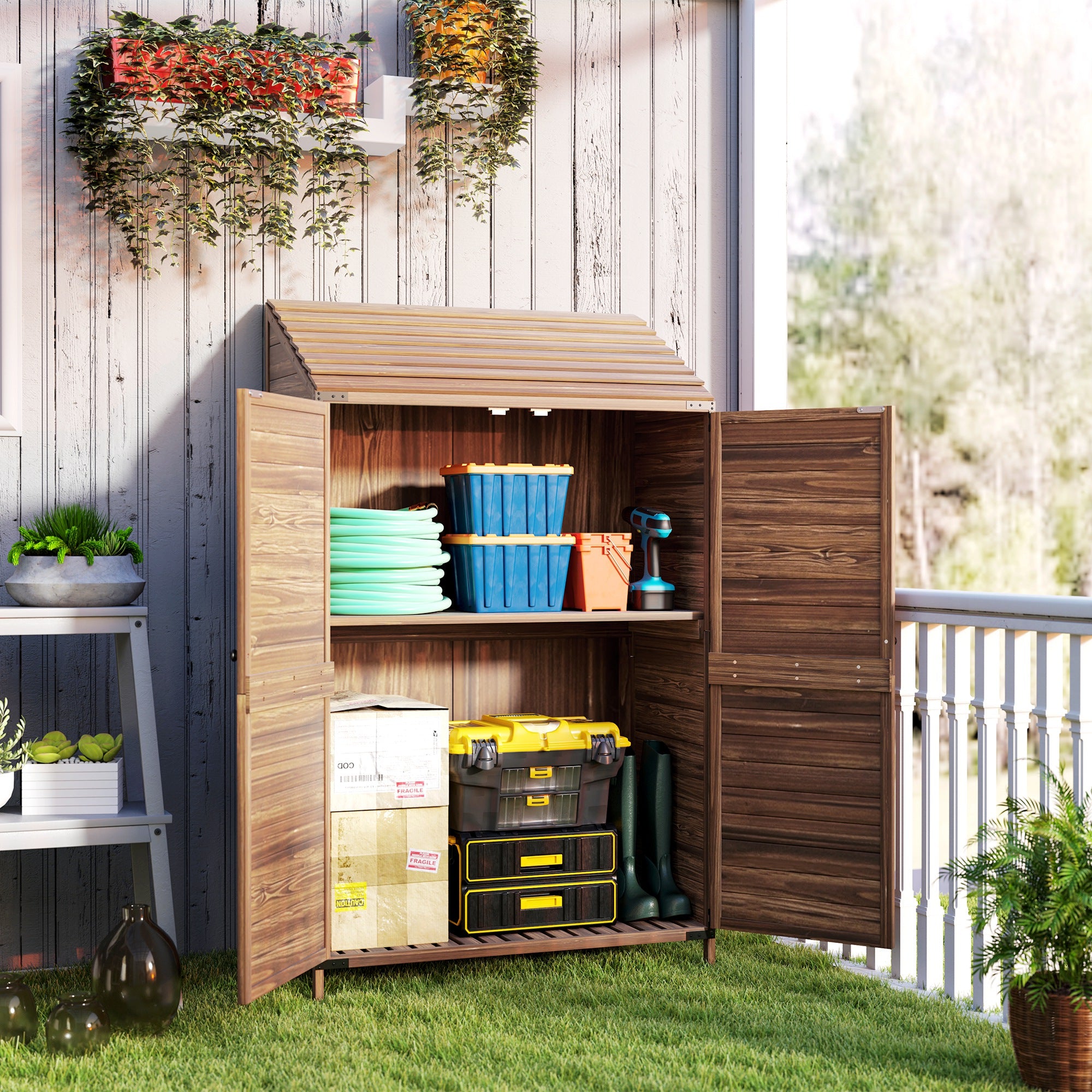 Outsunny 59 x 103.5 cm Two-Tier Wooden Garden Shed - Brown - North Peak Garden Furniture