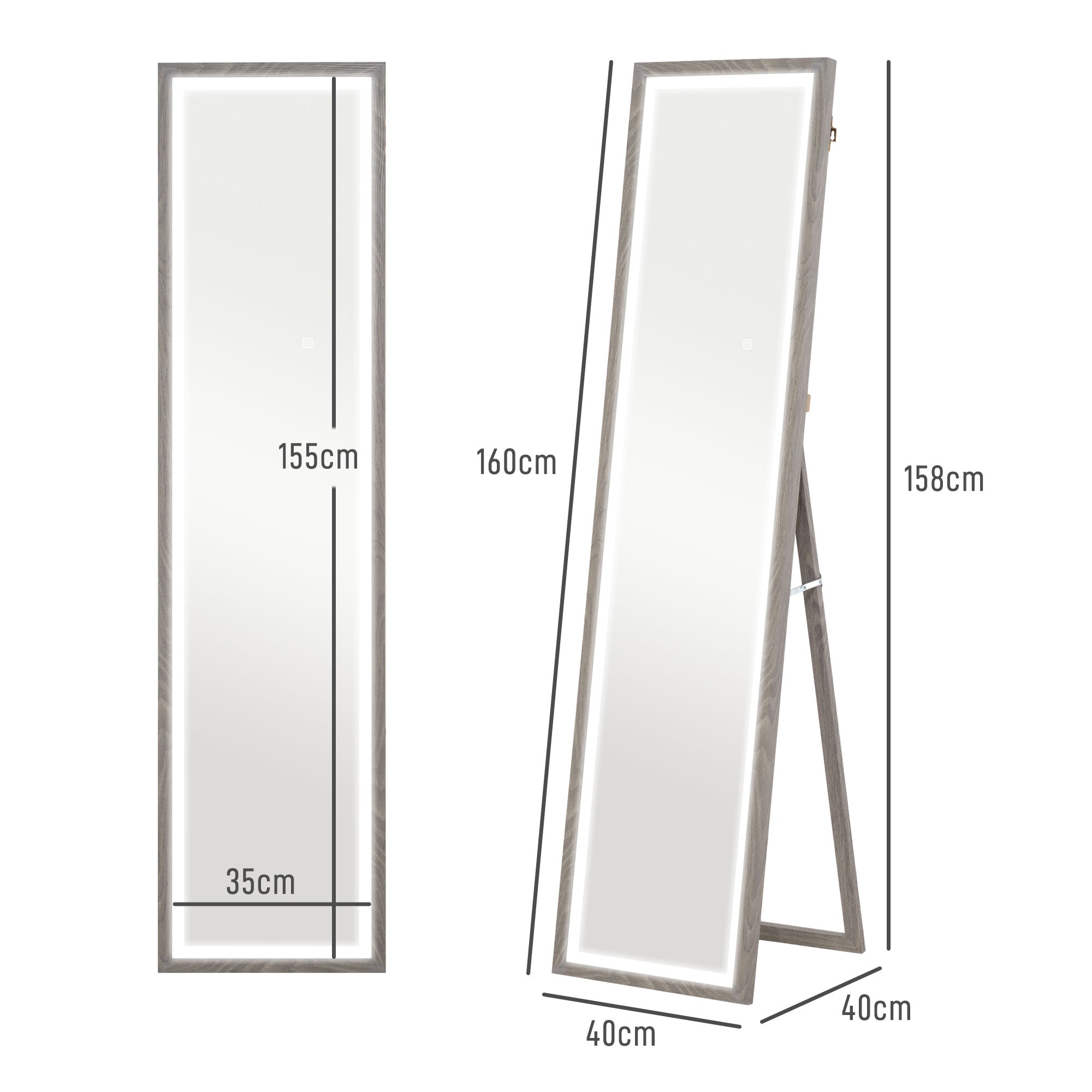 HOMCOM Full Length Mirror, with Adjustable Outer Light, Grey - North Peak Garden Furniture