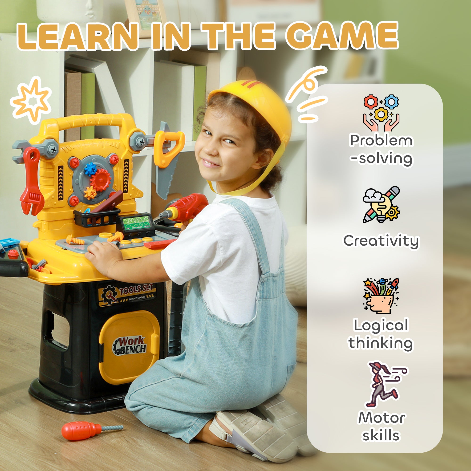 AIYAPLAY 102-Piece Kids Tool Bench with Electric Drill, Storage for Ages 3-6 Years, Yellow - North Peak Garden Furniture