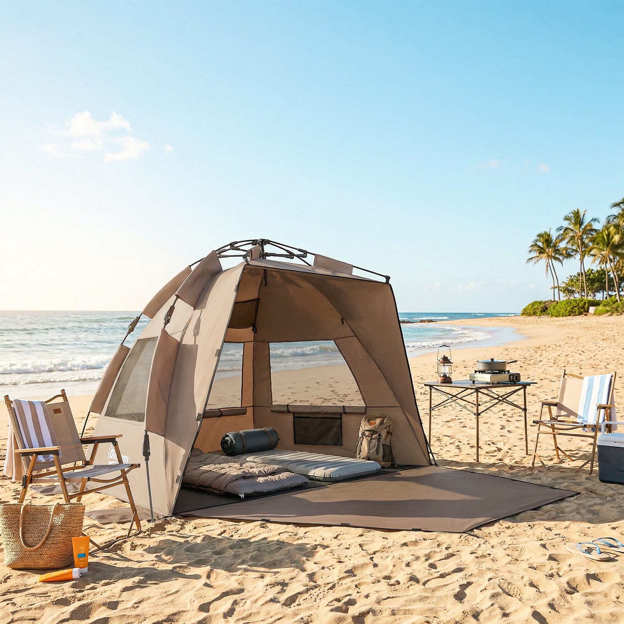 Outsunny 2-3 Person Pop Up Beach Tent, UPF15+ Sun Shelter with Extended Floor, Sandbags, Mesh Windows and Carry Bag, Brown