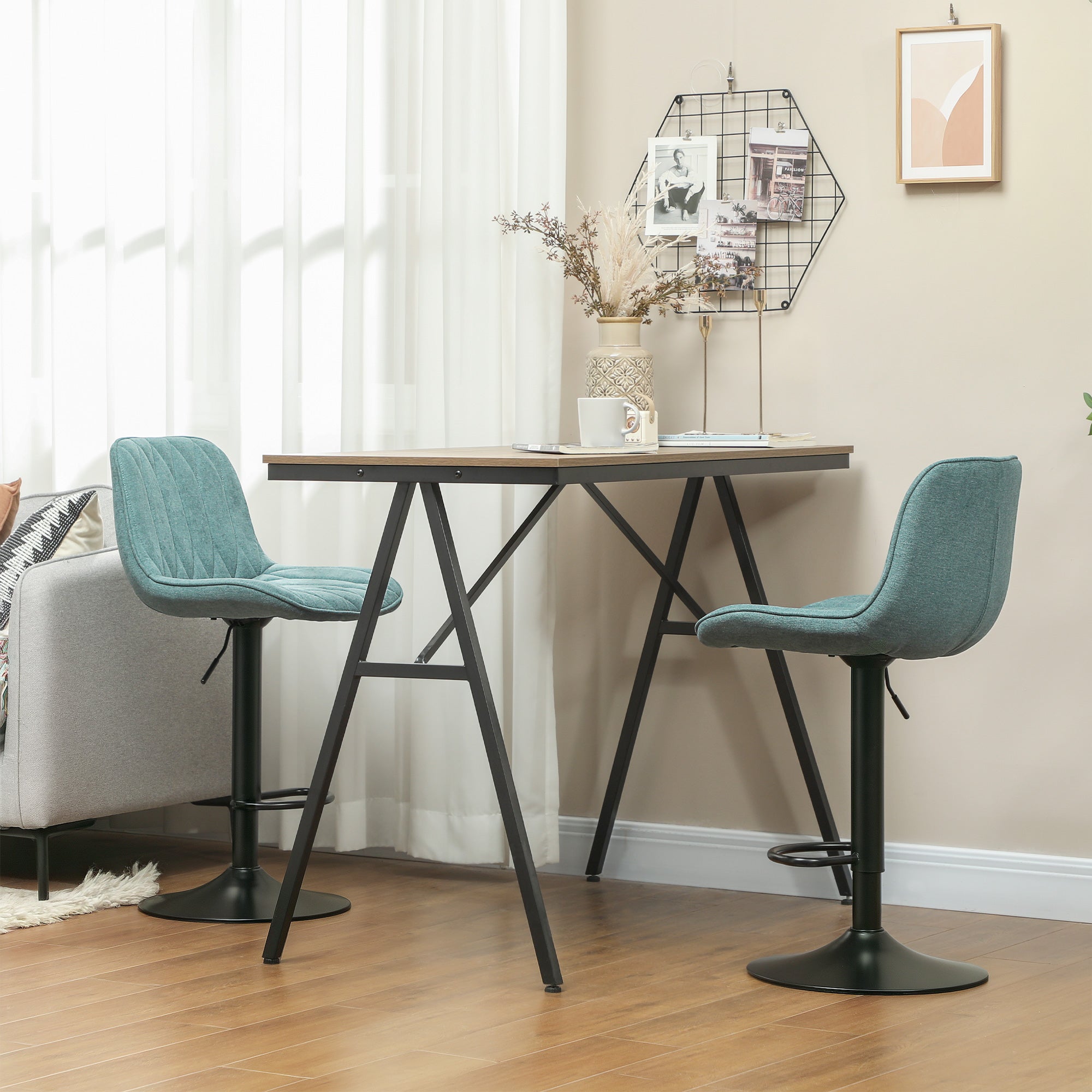 HOMCOM Bar Stools Set of 2, Height Adjustable Swivel Barstools with Backrest and Footrest, Modern Linen Upholstered Armless Bar Chairs for Kitchen, Breakfast Counter, Blue - North Peak Garden Furniture