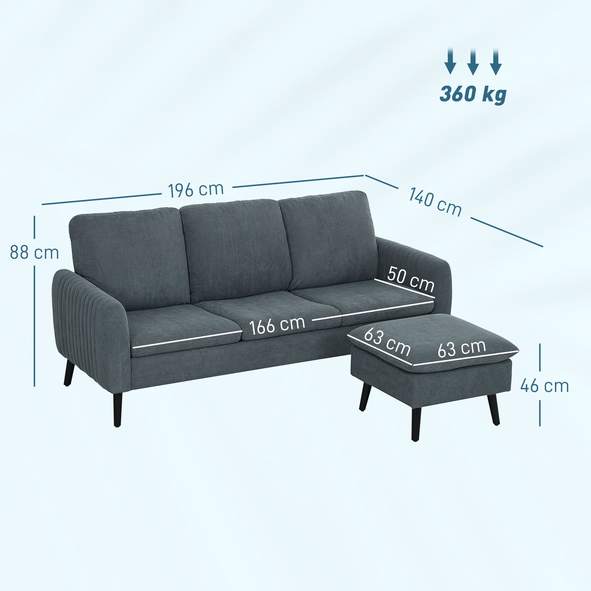 HOMCOM Corner Sofa with Reversible Chaise Lounge, Corduroy Fabric 3 Seater Sofa Settee for Living Room, L Shaped Couch with Scatter Back, Left/Right Hand, Charcoal Grey - North Peak Garden Furniture