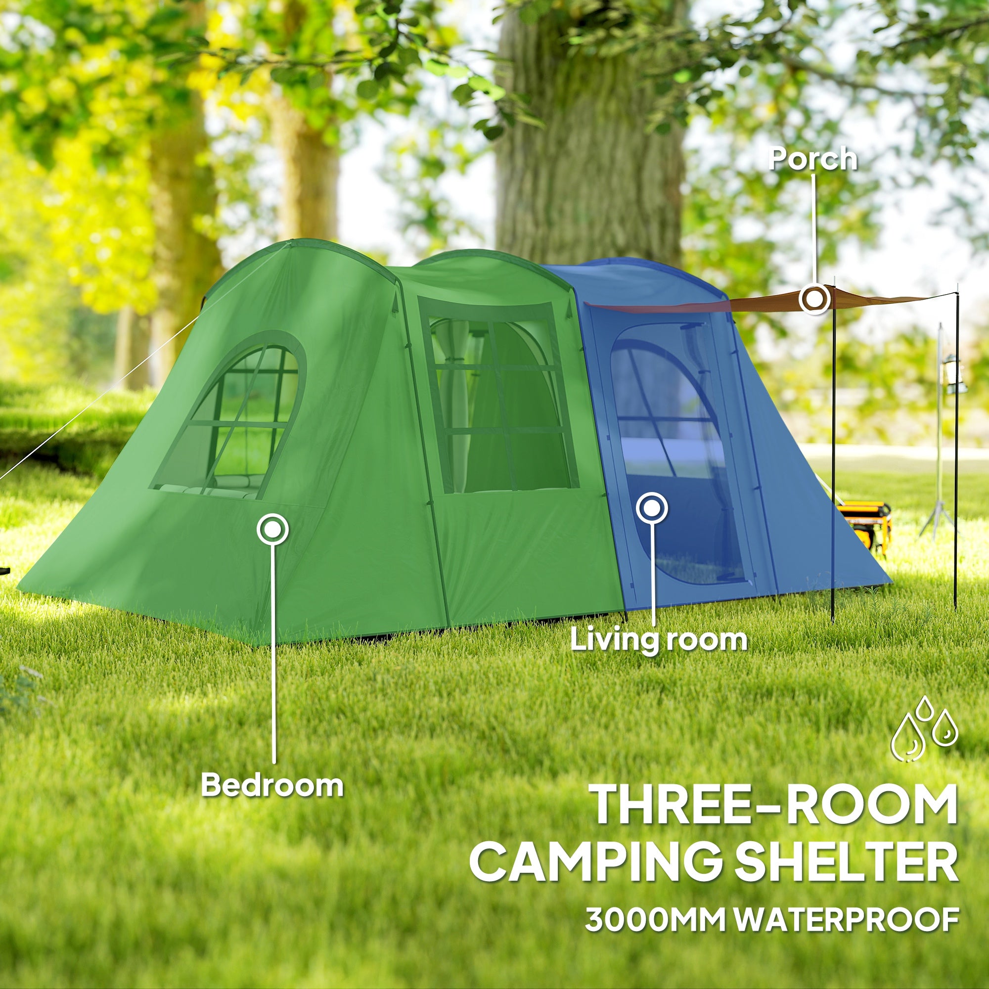 Outsunny 3-4 Man Tunnel Tent, Family Camping Tent with Porch, Bedroom and Living Area, Sewn in Groundsheet, 3000mm Waterproof, Portable with Bag for Hiking, Festival, Backpacking, Green - North Peak Garden Furniture