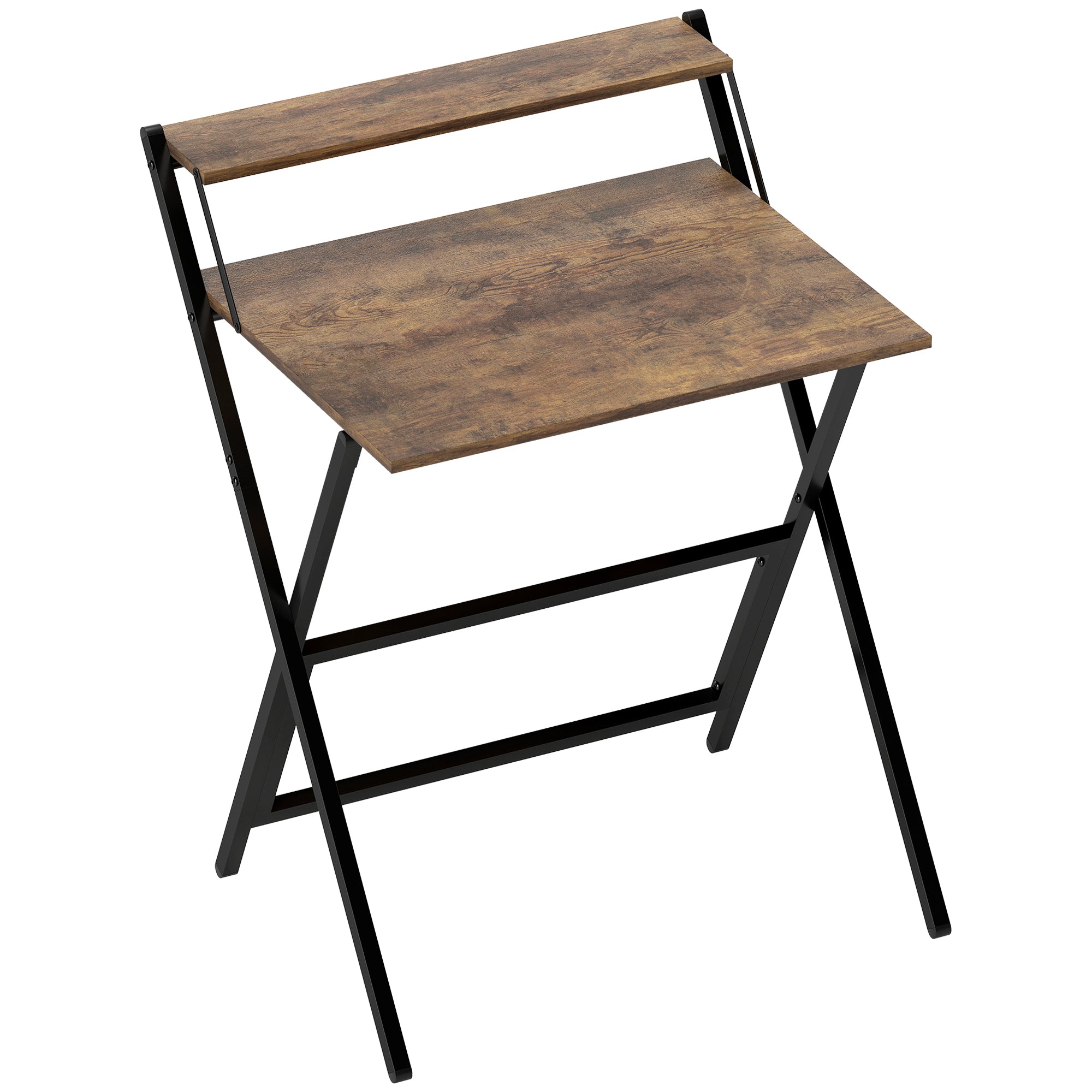 HOMCOM 70 cm Folding Computer Desk with Monitor Shelf - Rustic Brown - North Peak Garden Furniture