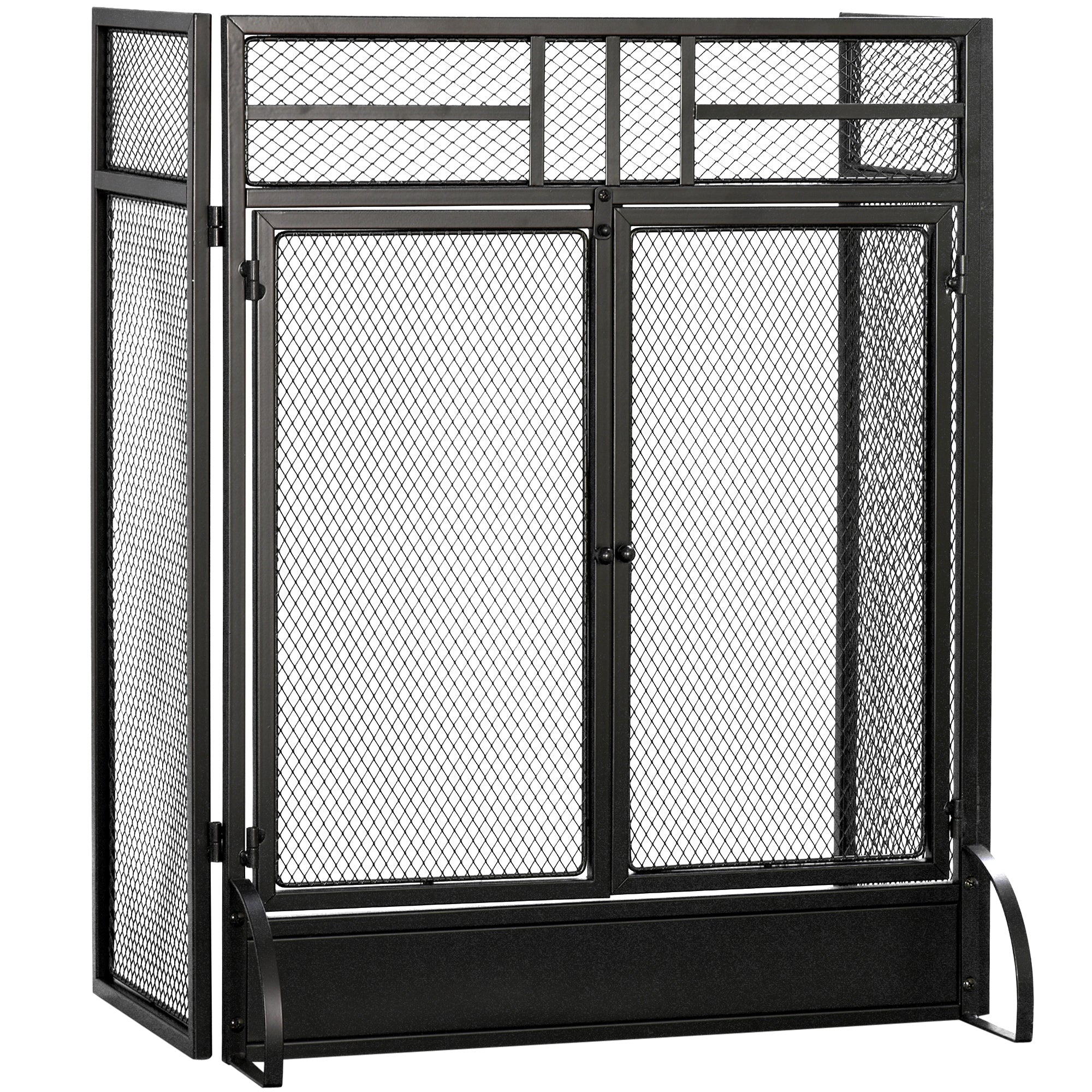HOMCOM 3-Panel Folding Fireplace Screen with Door, Freestanding Spark Guard, Metal Mesh Fireguard, Black - North Peak Garden Furniture