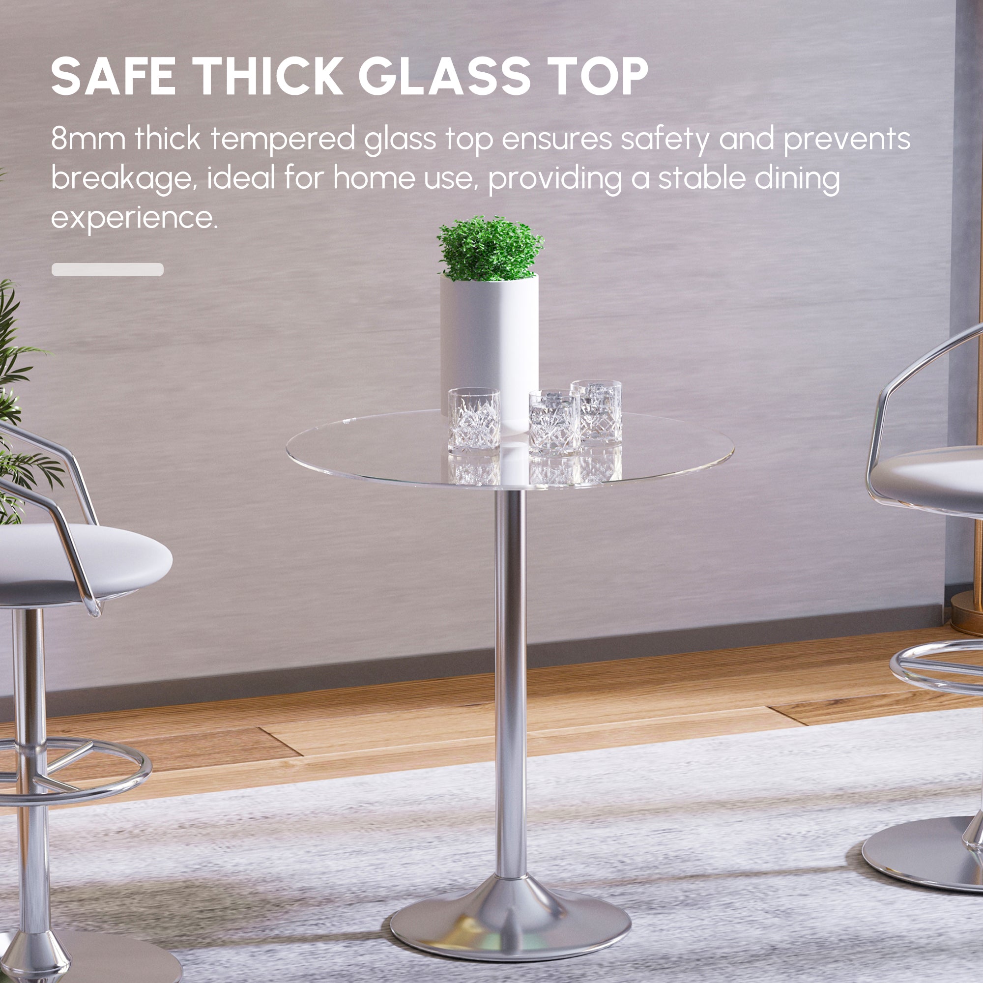HOMCOM Round Dining Table, Modern Dining Room Table with Tempered Glass Top, Steel Base, Space Saving Small Bar Table - North Peak Garden Furniture