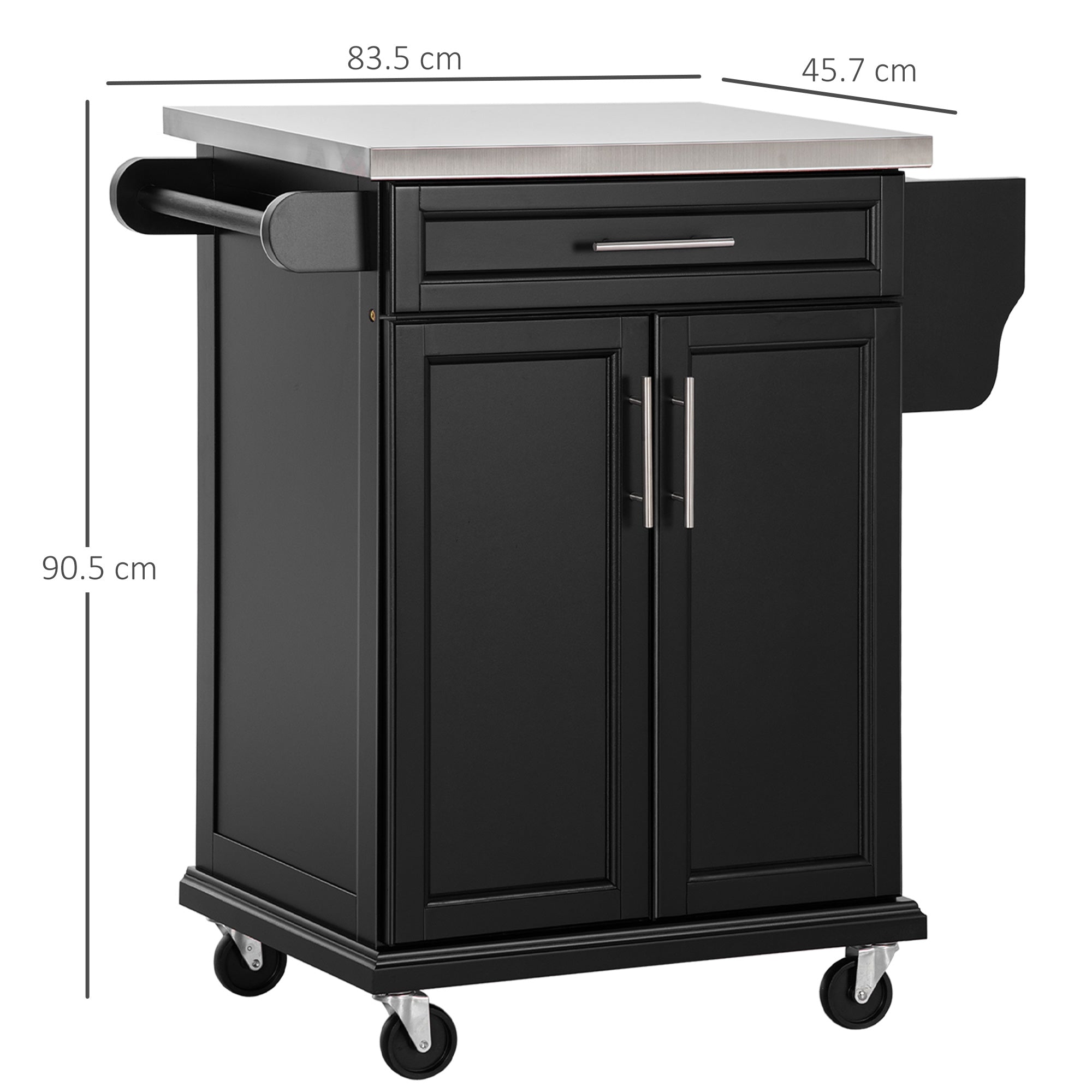 HOMCOM Wooden Kitchen Island on Wheels, Serving Cart Storage Trolley with Stainless Steel Top, Drawer, Side Handle and Rack, Black - North Peak Garden Furniture