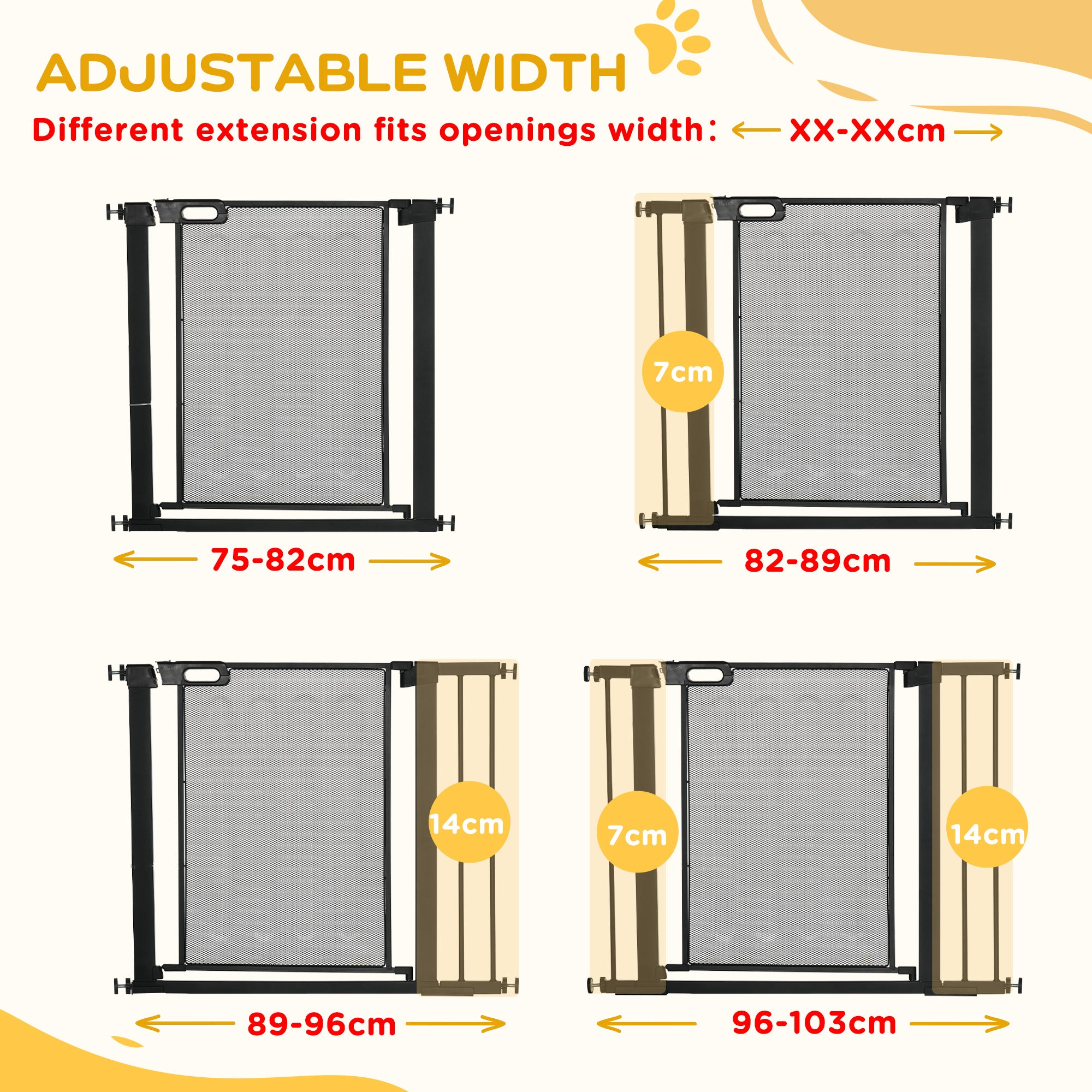 PawHut Pressure Fit Safety Gate, for Staircases, Hallways, Doorways w/ Extensions Kit, 75-103CM Adjustable Width - Black - North Peak Garden Furniture