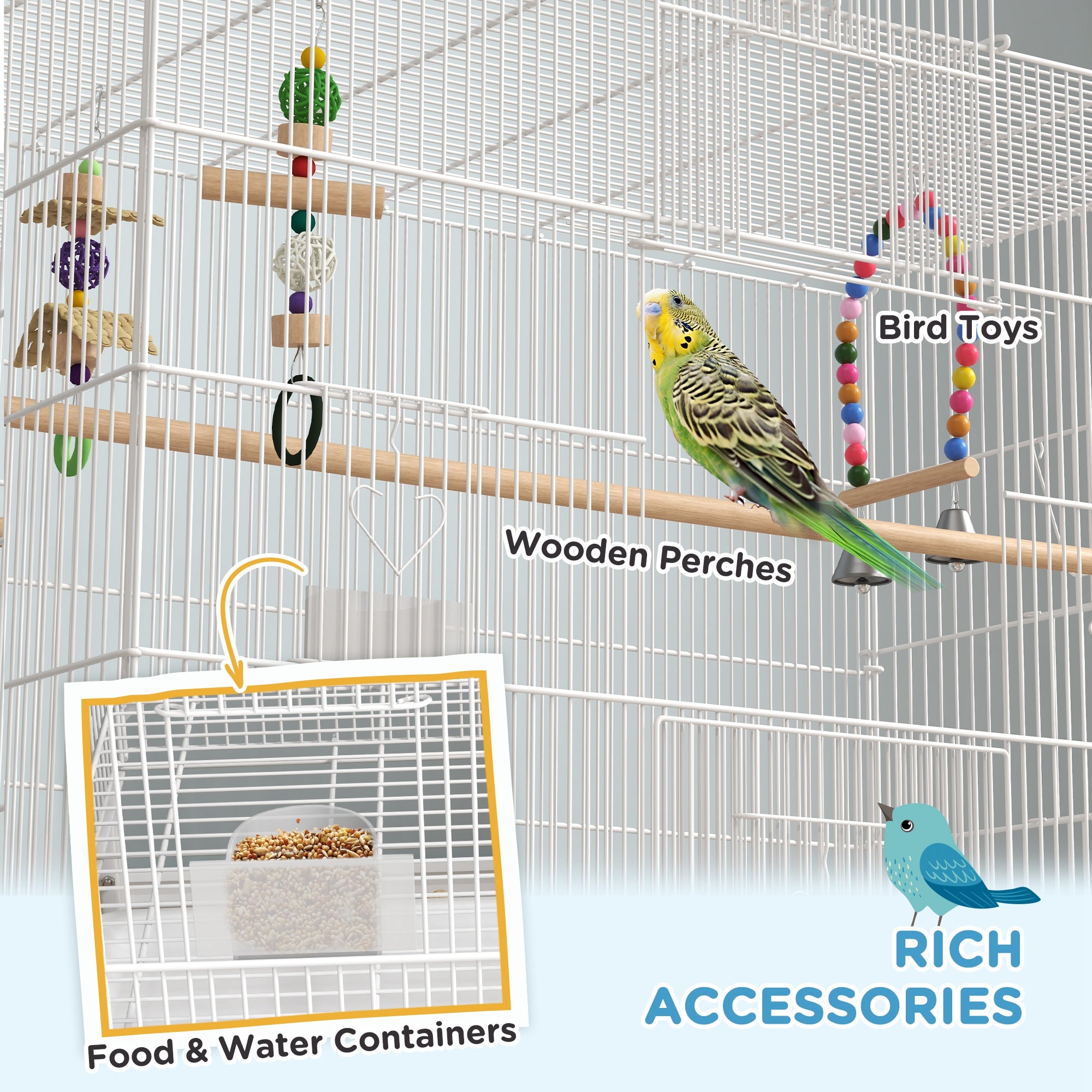 PawHut Bird Cage w/ Stand, Toys, Accessories, for Canaries, Finches, White - North Peak Garden Furniture