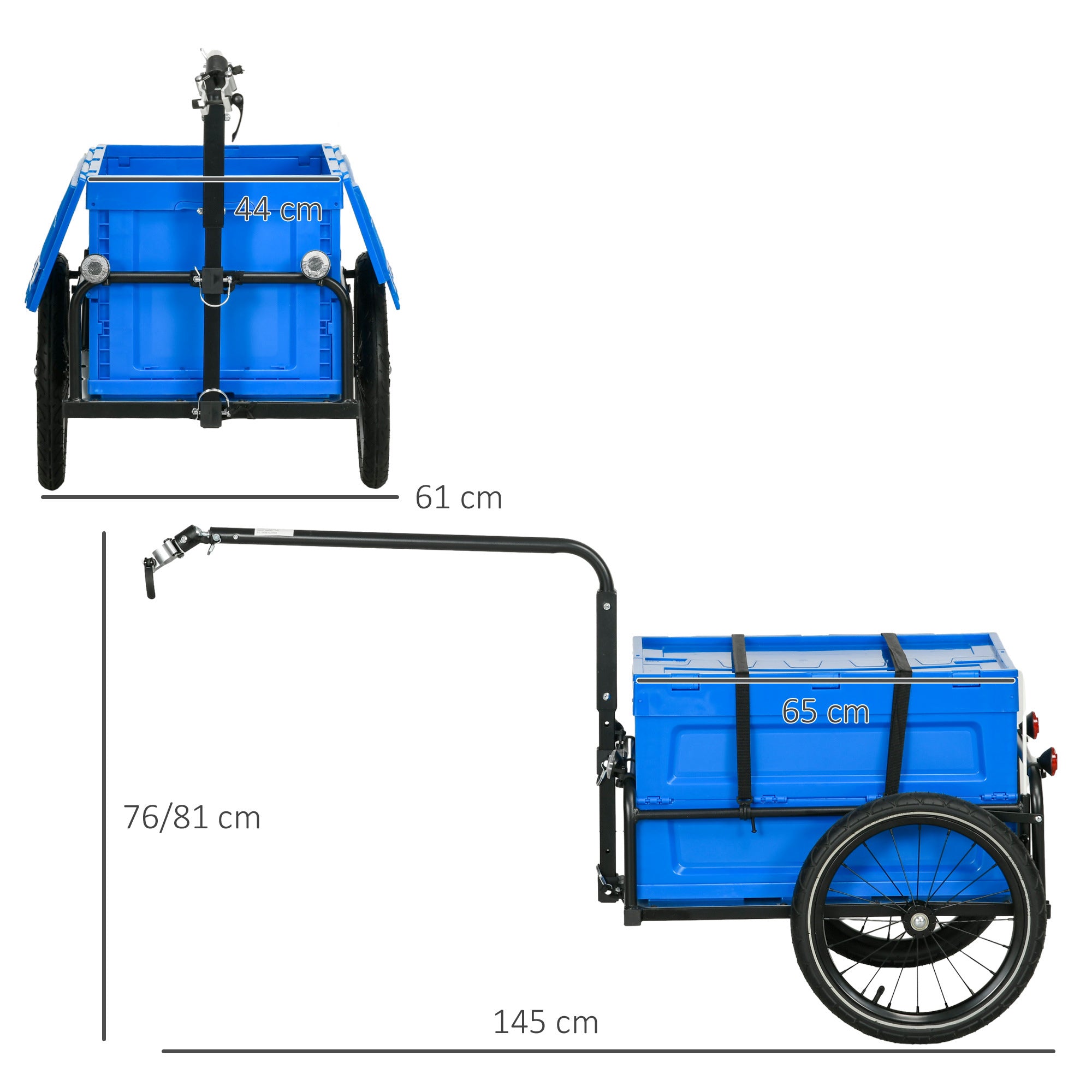 HOMCOM Steel Trailer for Bike, Bicycle Cargo Trailer with 65L Foldable Storage Box and Safe Reflectors, Max Load 40KG, Blue