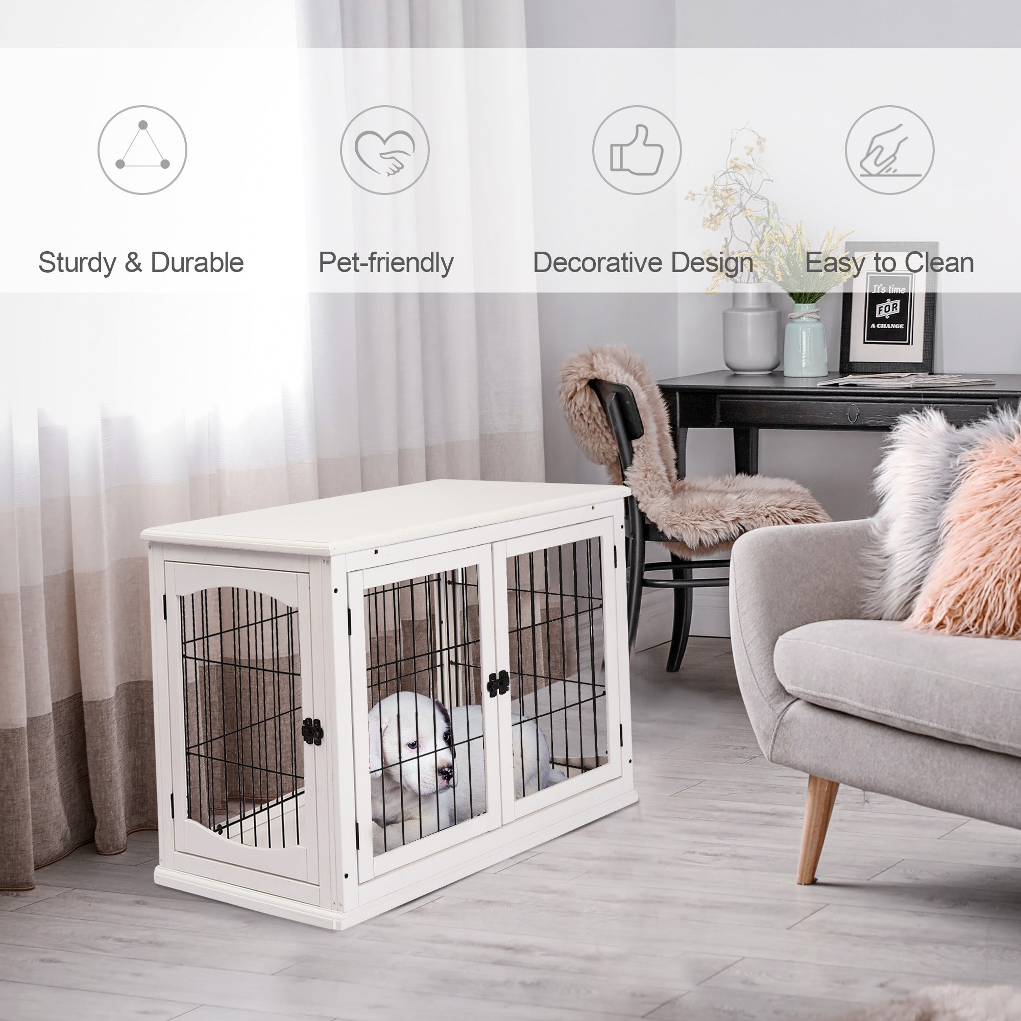 PawHut Dog Crate, Furniture Style Puppy Cage End Table, Pet Kennel House with 3 Doors for Small Dog, White 81 x 58.5 x 66 cm - North Peak Garden Furniture