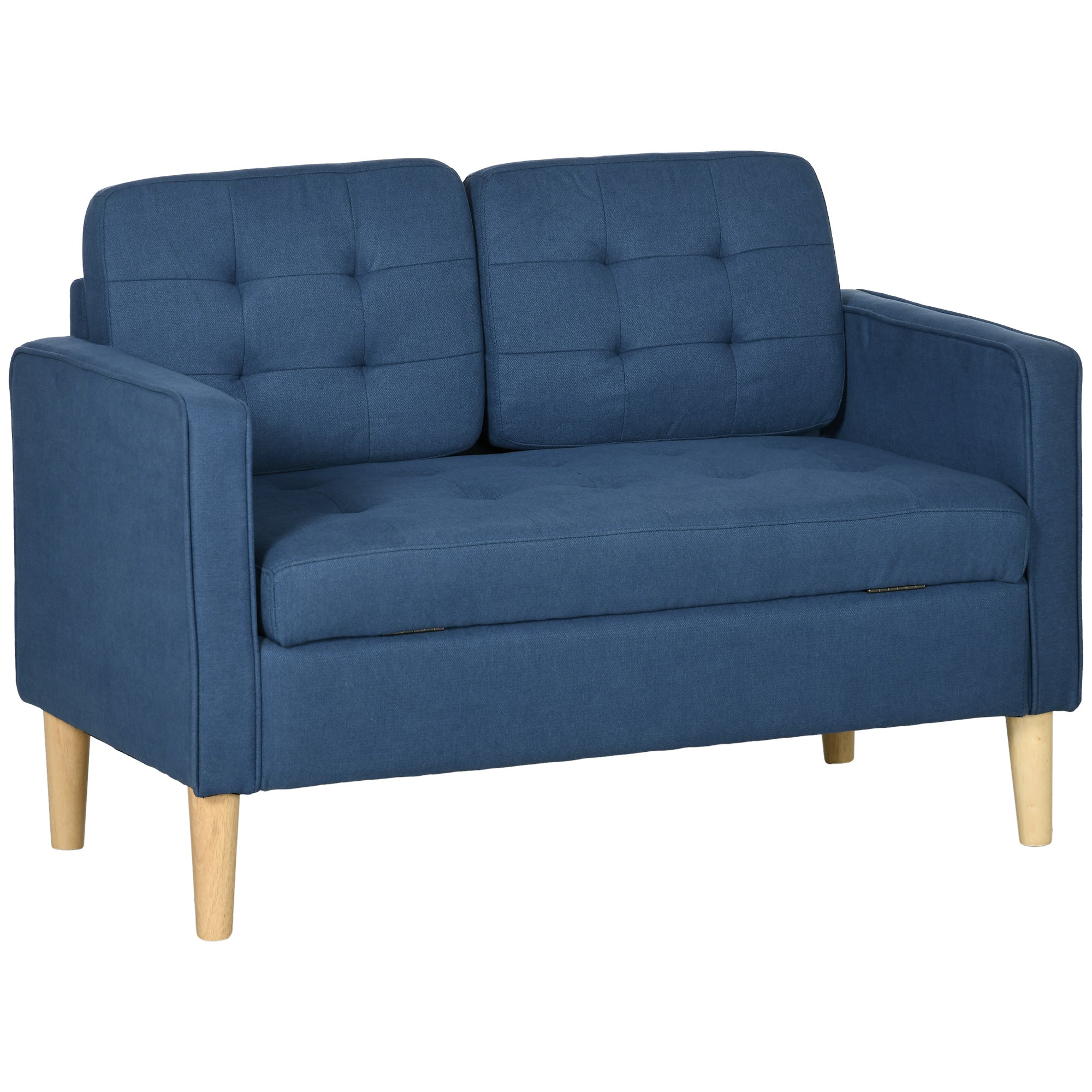 HOMCOM Modern Loveseat Sofa, Compact 2 Seater Sofa with Hidden Storage, 117cm Tufted Cotton Couch with Wood Legs, Blue - North Peak Garden Furniture