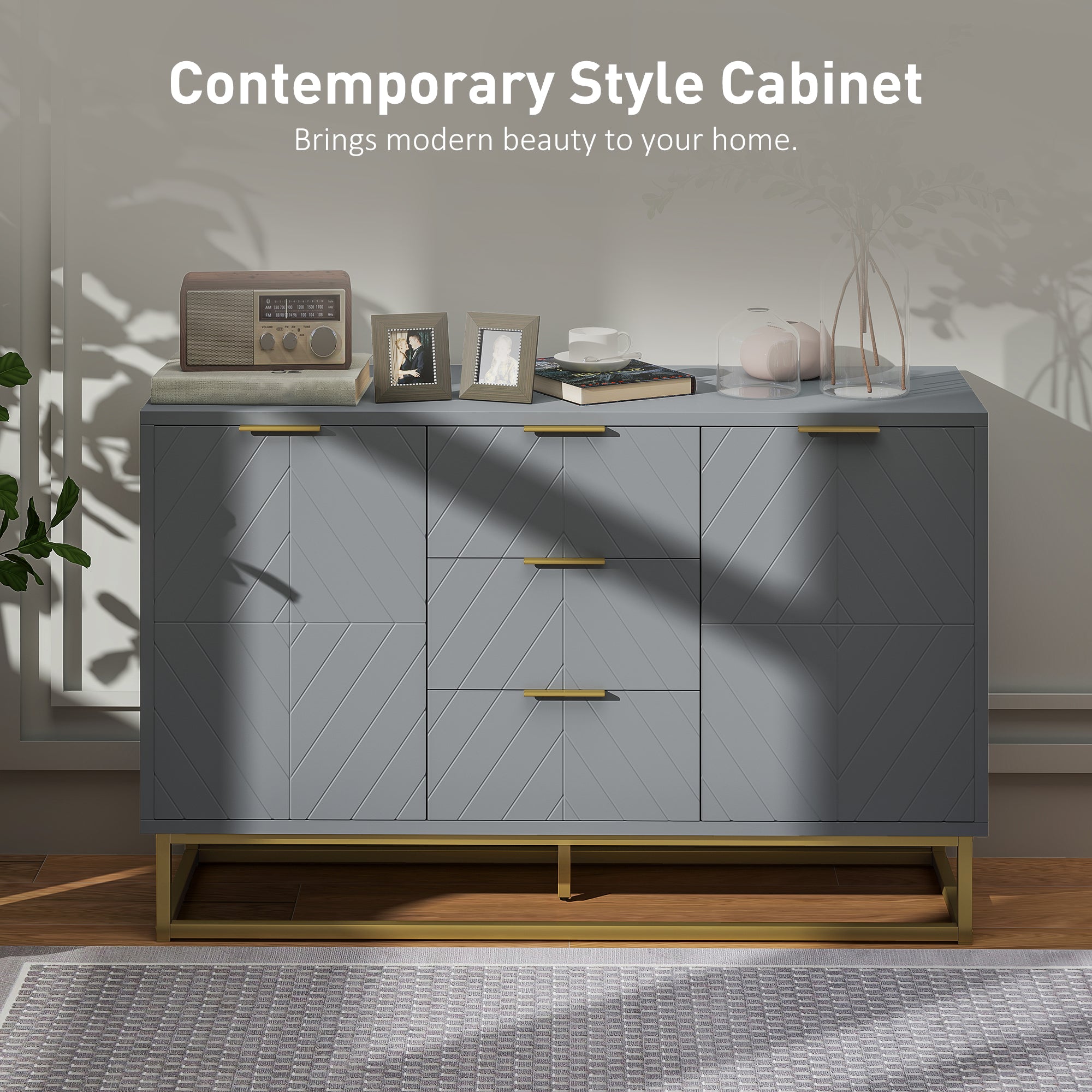 HOMCOM Sideboard with 3 Drawers and Adjustable Shelves for Living Room - Grey - North Peak Garden Furniture