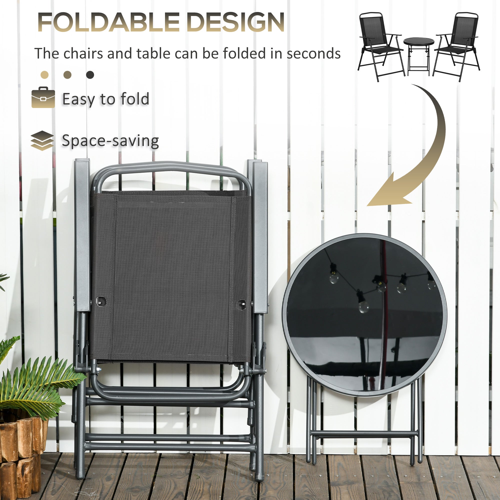 Outsunny Three-Piece Garden Seat Set, with Glass-Top Table - Black - North Peak Garden Furniture