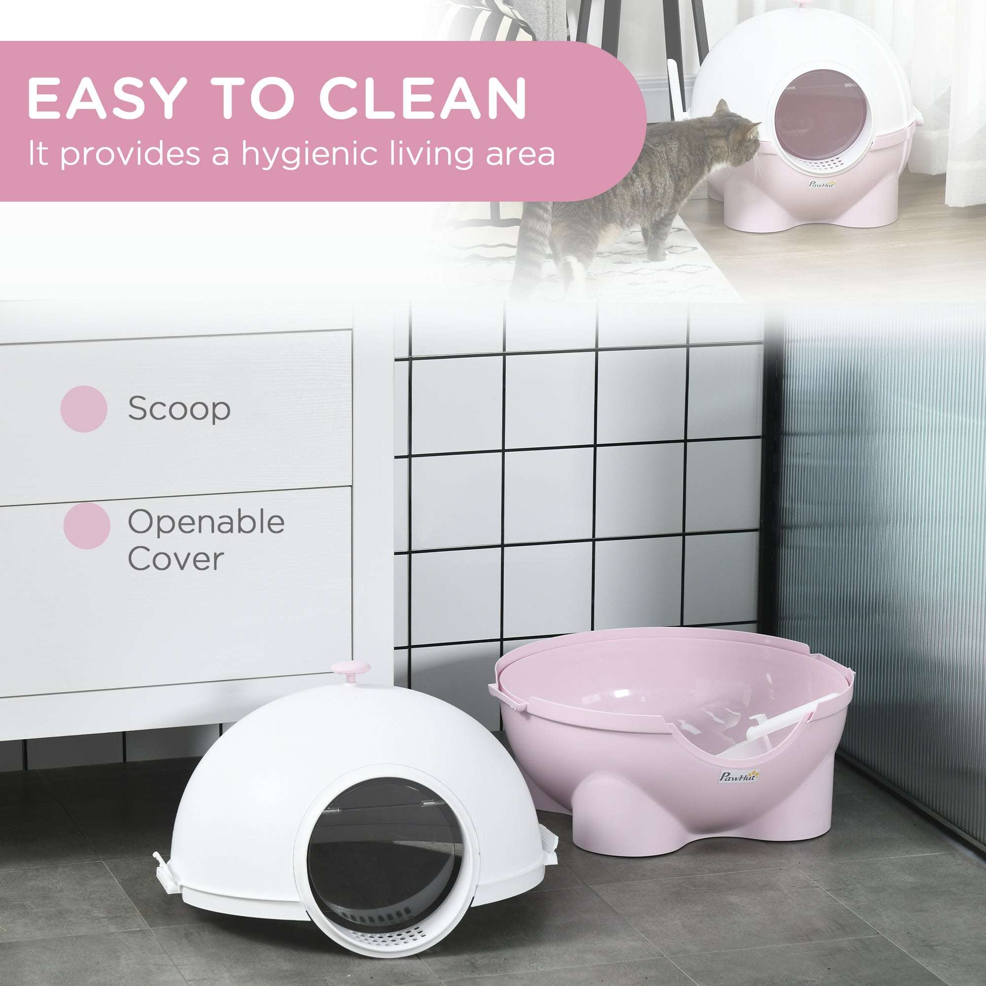 PawHut Large Cat Litter Box, with Scoop, Front Entrance, 53 x 51 x 48cm - Pink - North Peak Garden Furniture