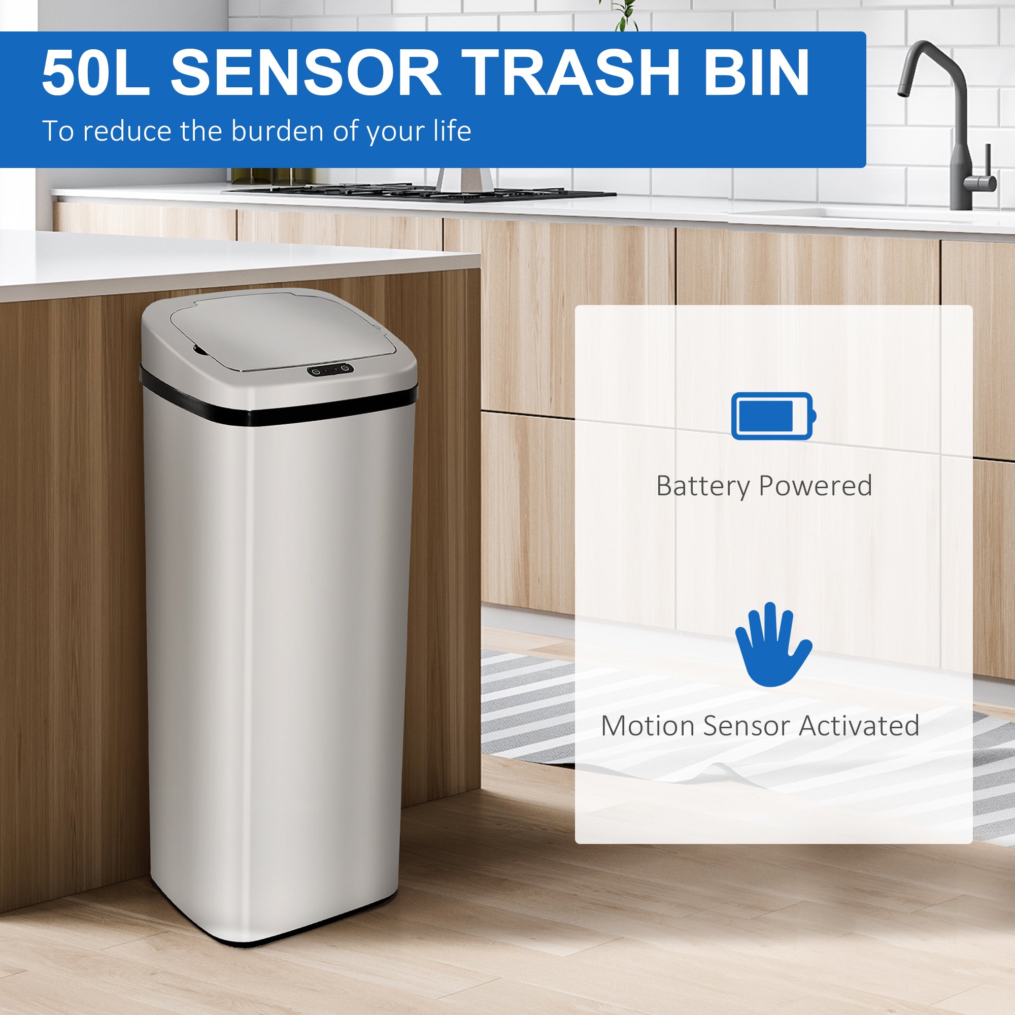 HOMCOM 50L Infrared Touchless Automatic Motion Sensor Dustbin Stainless Steel Trash Can Home Office - North Peak Garden Furniture