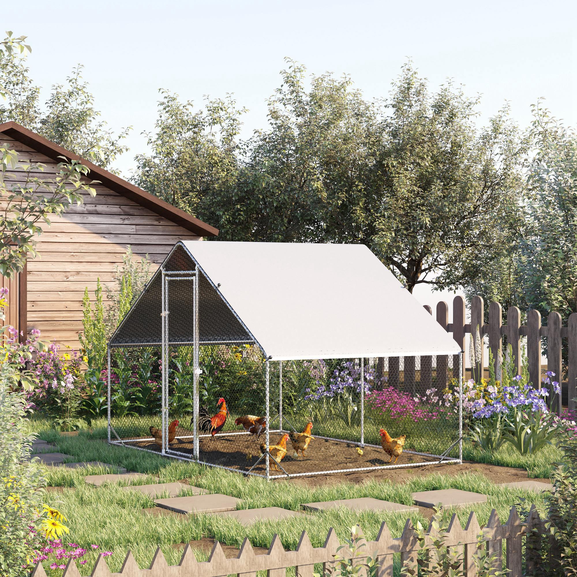 PawHut Chicken Run Galvanised Walk-in Chicken Coop Hen Poultry House Cage Rabbit Hutch Pet Playpen Garden w/ Water-Resist Cover, 3 x 2 x 2m - North Peak Garden Furniture