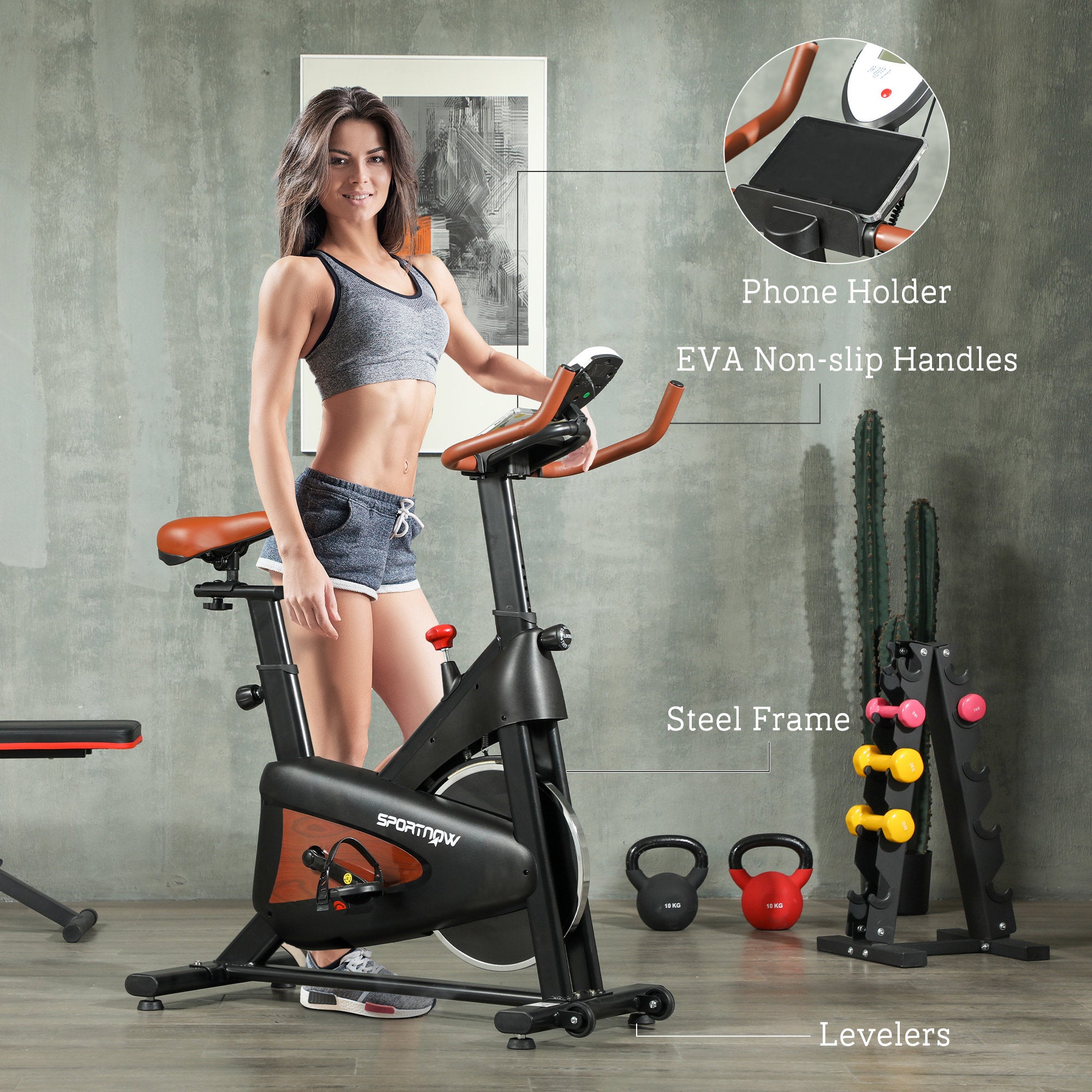 SPORTNOW Indoor Exercise Bike, Quiet Stationary Bike, Stylish Cycling Machine with Adjustable Seat and Resistance, LCD Monitor, Tablet Holder, for Home Gym Cardio Workout, Black - North Peak Garden Furniture