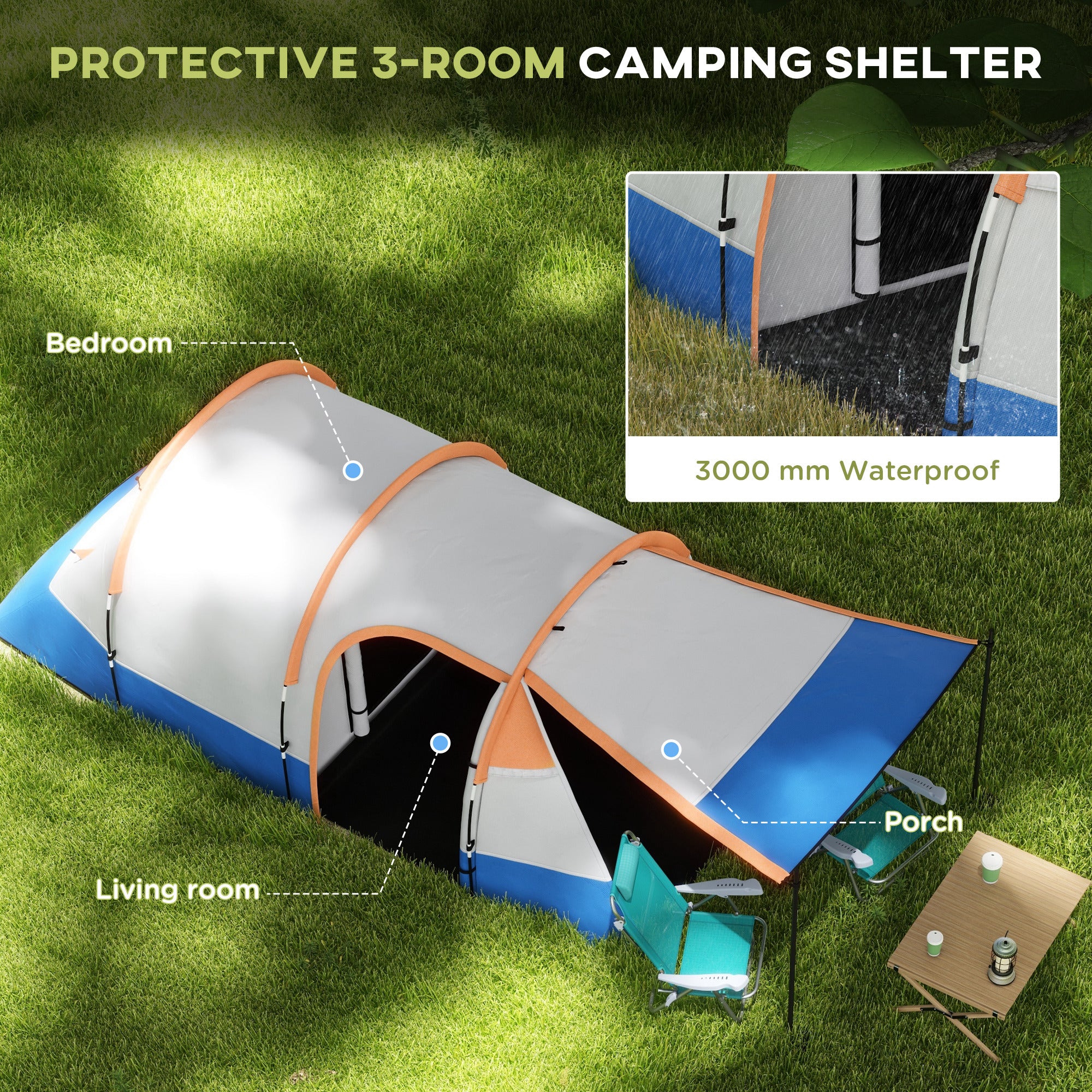 Outsunny Camping Tent, Large Tunnel Tent with Bedroom and Living Area, 2000mm Waterproof, Portable with Bag for 2-3 Man, Orange - North Peak Garden Furniture